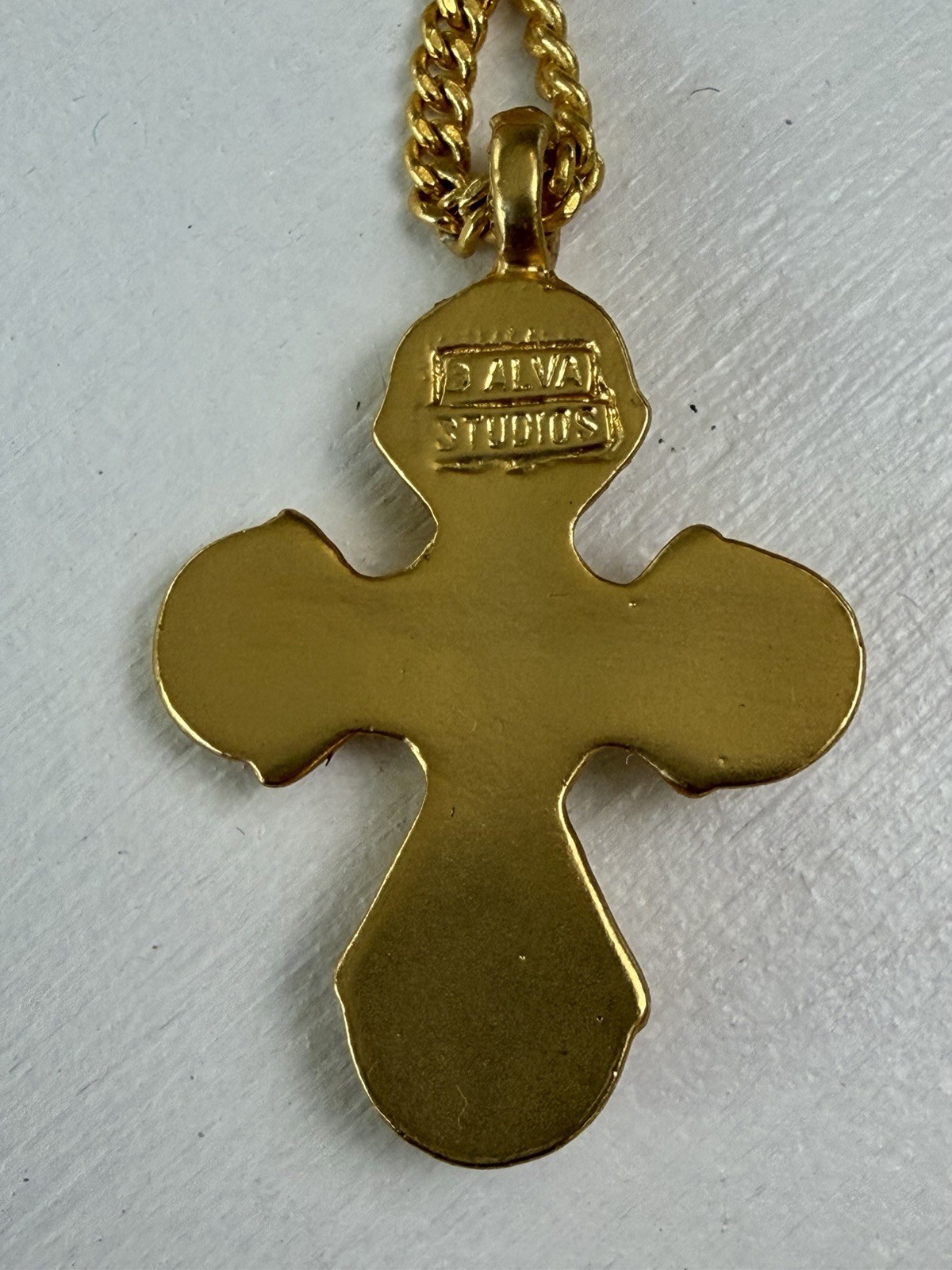 Vintage Alva Museum Replica Gold Cross Pendant Necklace w/ Blue Stone & Box VTG