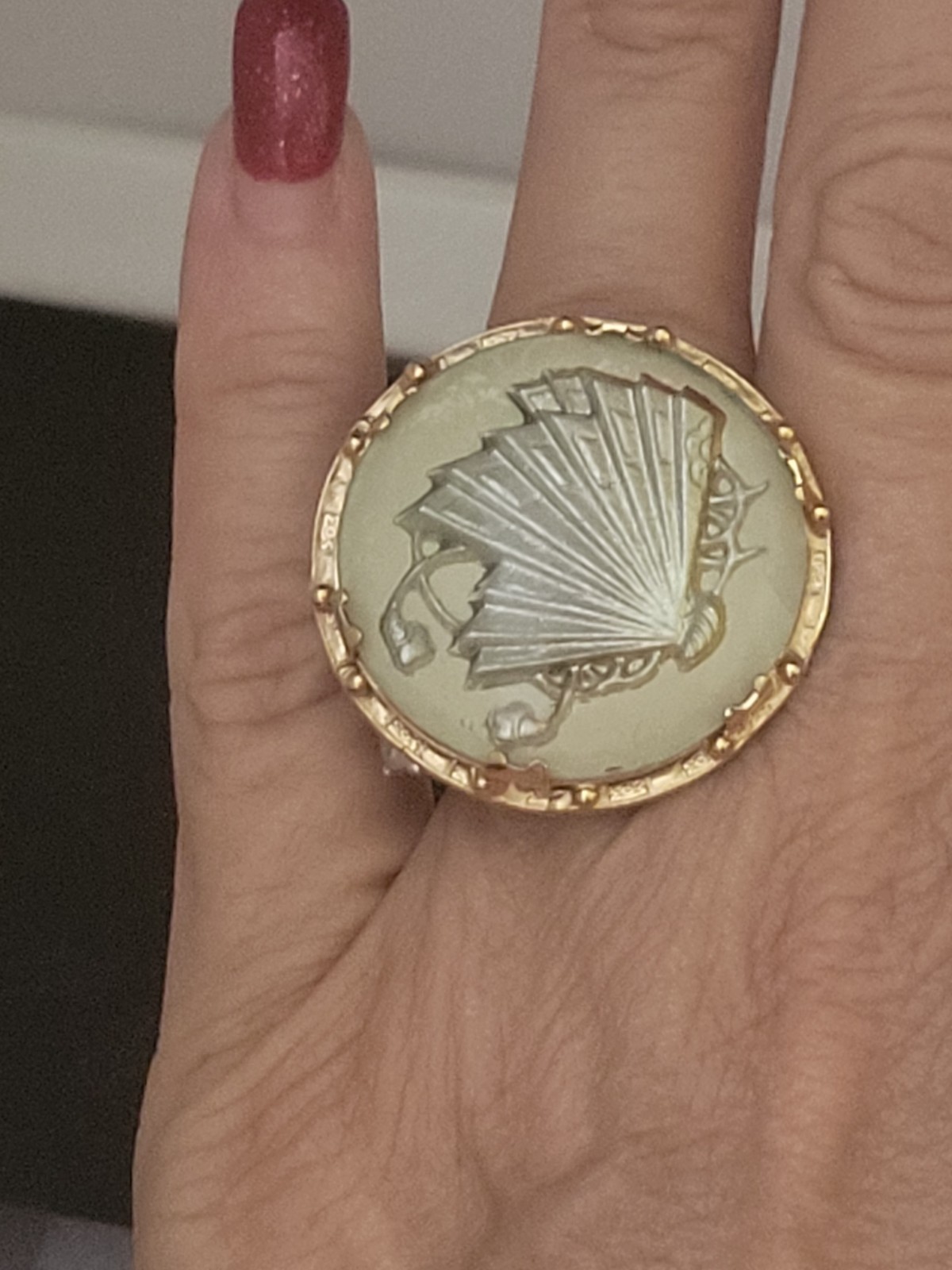 Victorian Bohemian Upcycled Carved Shell Fan Gold Tone Ring Statement Ring