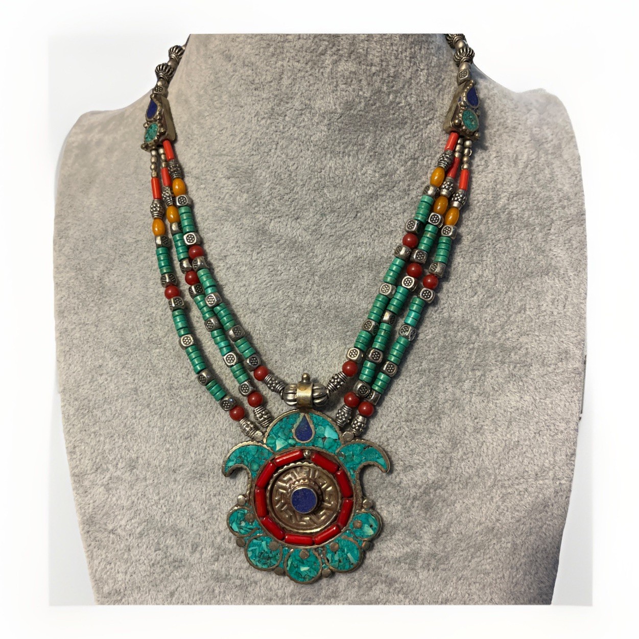 Vintage Tibetan Style Multi String Mix Beads Faux Turquoise Coral Necklace