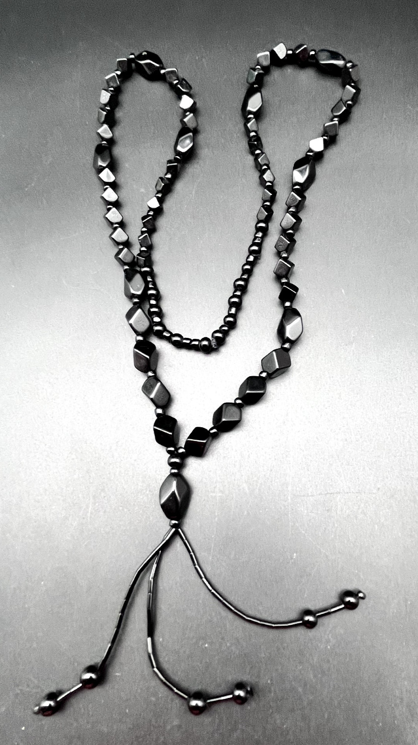 Vintage Long Cut Faceted Polished Black Glass Mourning Bead Tassel Necklace