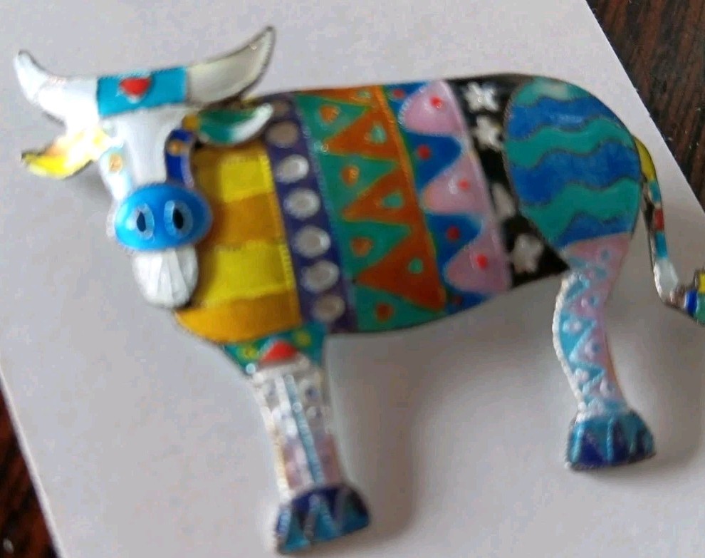 Zarah Enamel Cow Brooch Sterling Silver Colorful Folk Art Bull Pin Vintage 925