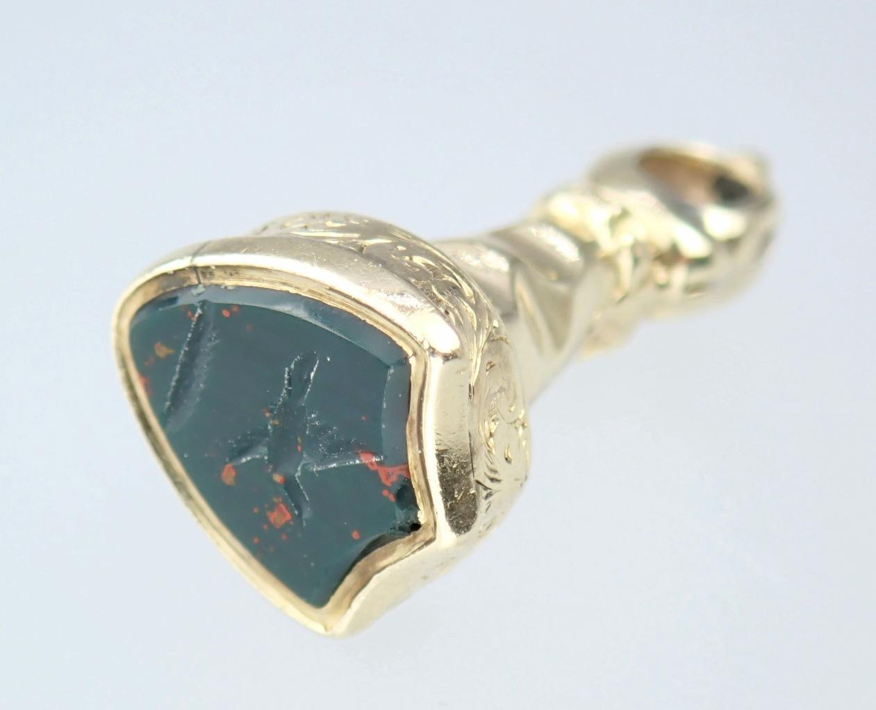 Fab Antique Georgian 9K Gold Bloodstone Floral Bird Pigeon Intaglio Seal Pendant