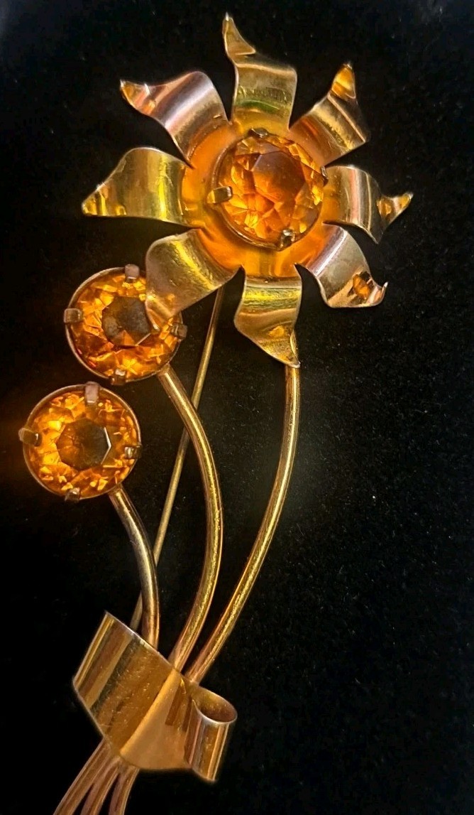 Huge 4″ Sterling Silver Gold Wash Flower Brooch Pin Amber Citrine Glass 16 Grams