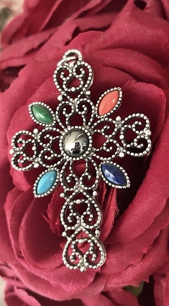 Vintage Avon Romanesque Cross 3” Pendant 1970s Silver Filigree Multicolor Stone