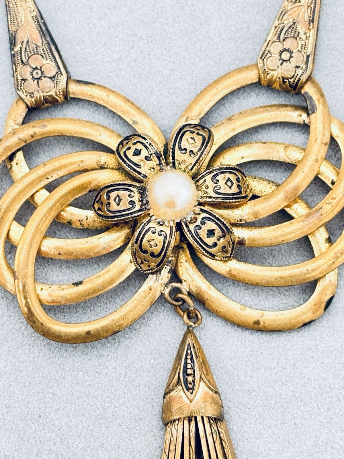Antique Book Chain Gold Tone Necklace Floral Etched Bow Articulated Pendant
