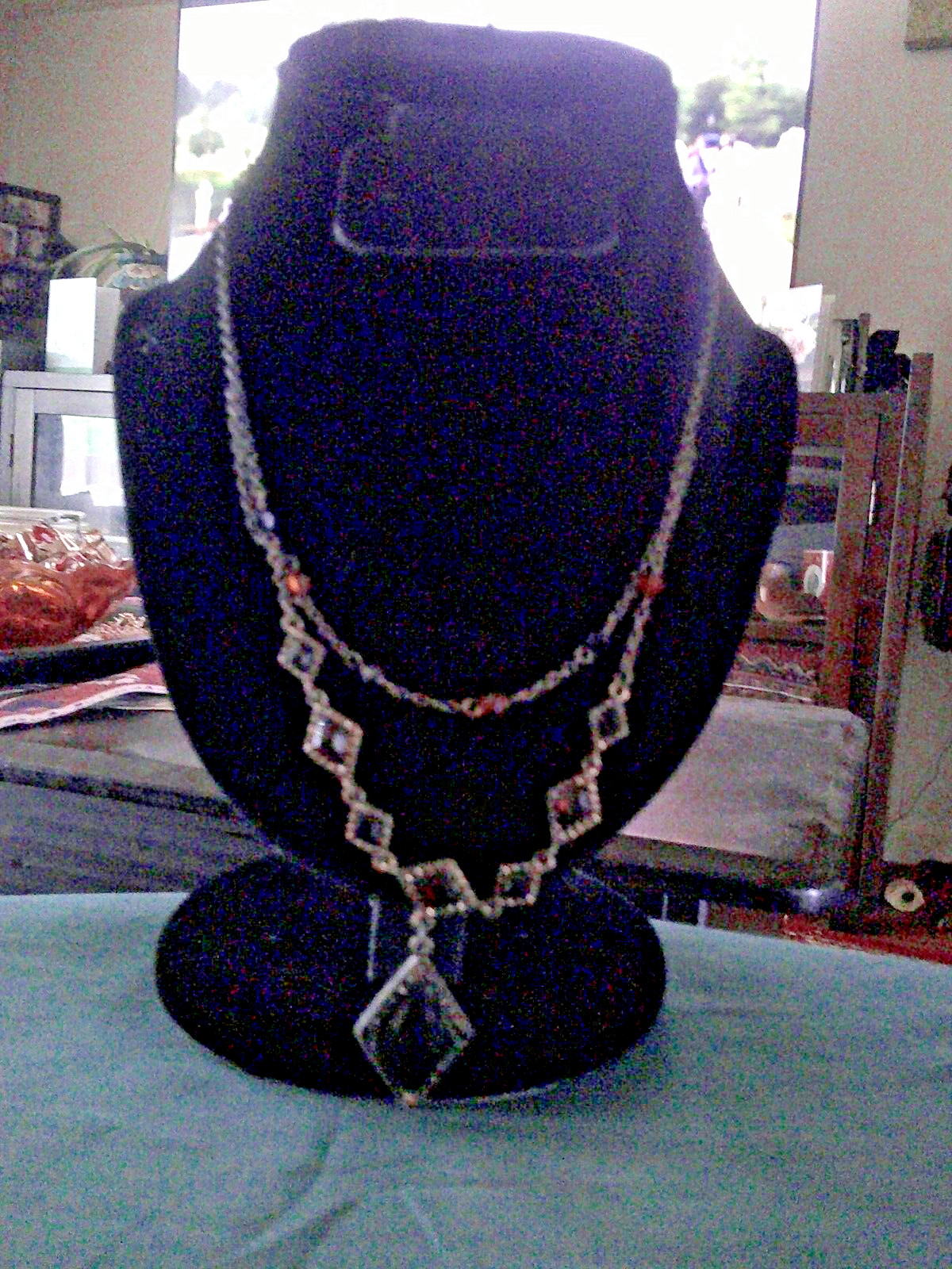 Pretty dark metal multicolor glass layered necklace 19 inch