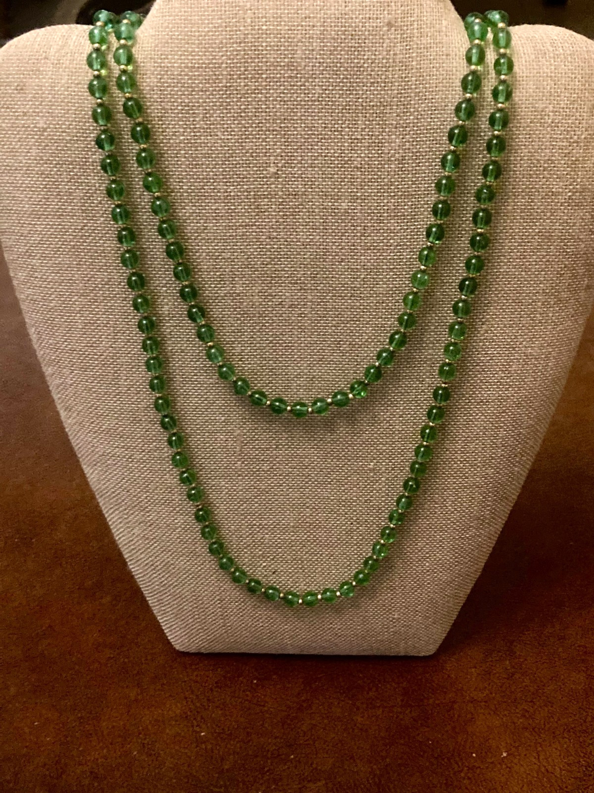 Vintage Glass Beaded Necklace Green Gold Tone 59″ Flapper