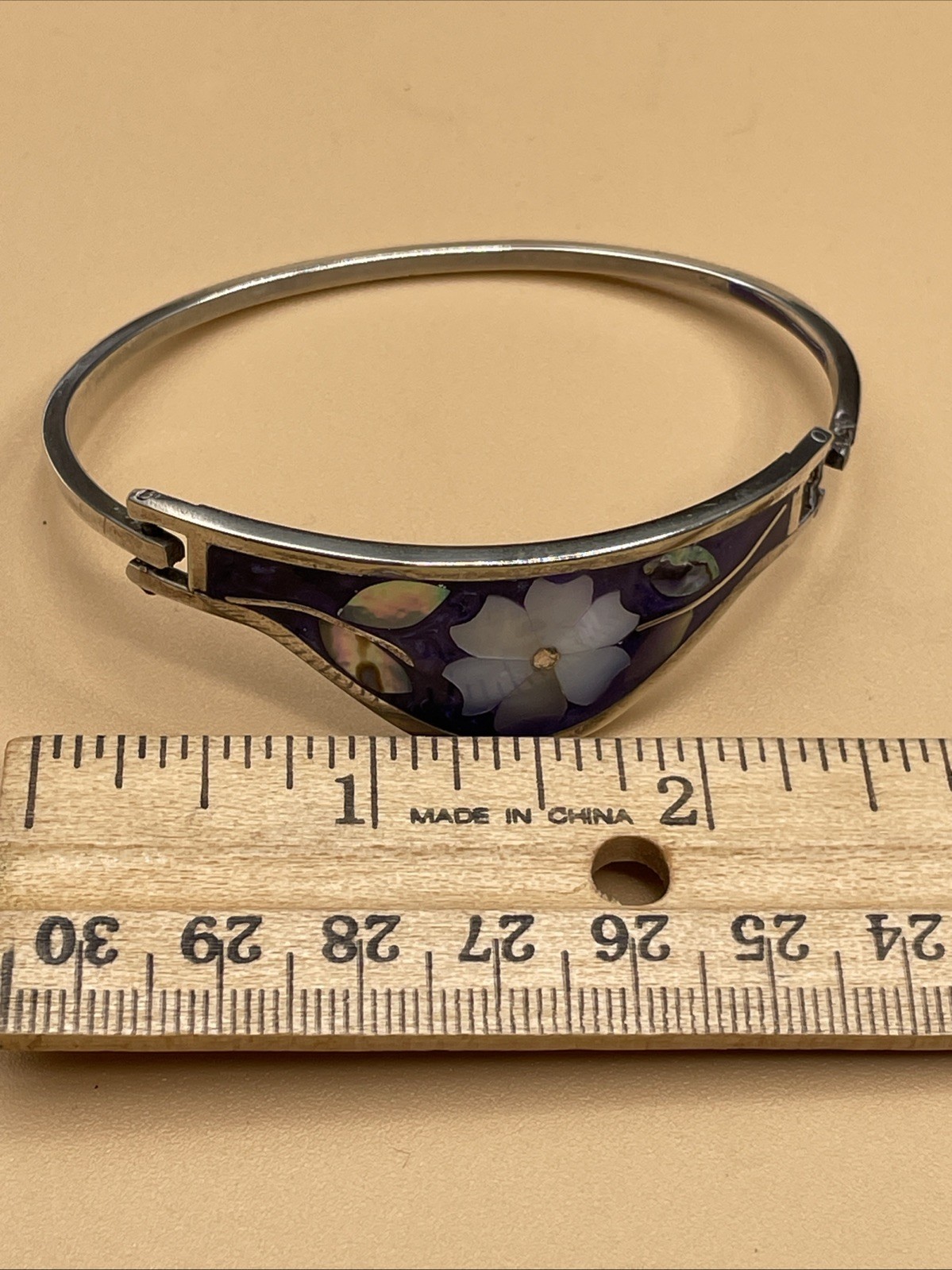Alpaca Mexico Purple Blue Abalone Flower Inlay Hook Cuff Bracelet Silver Tone