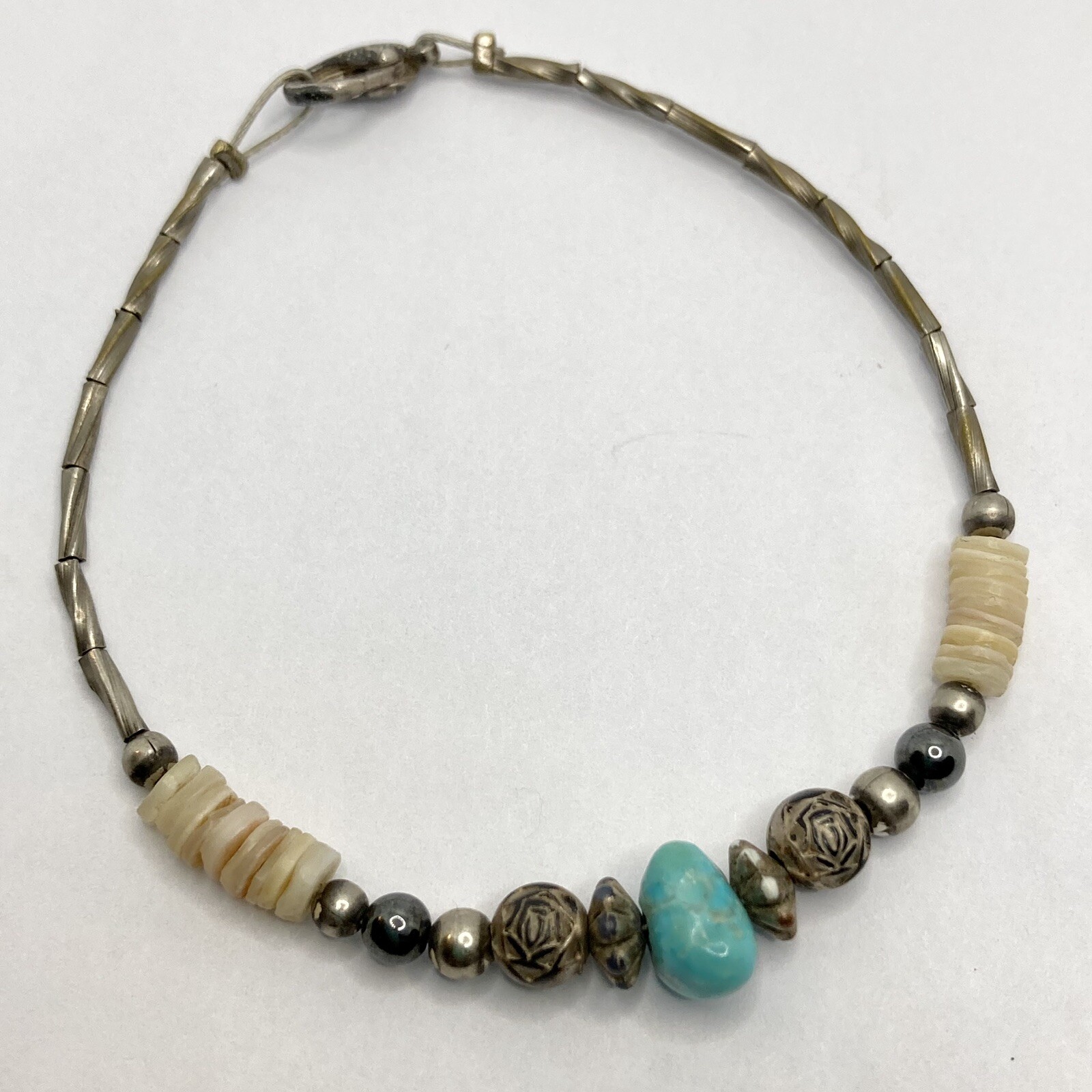 VTG 60’s Western Native Turquoise Stone Silver Mother Pearl Shell Beads Bracelet