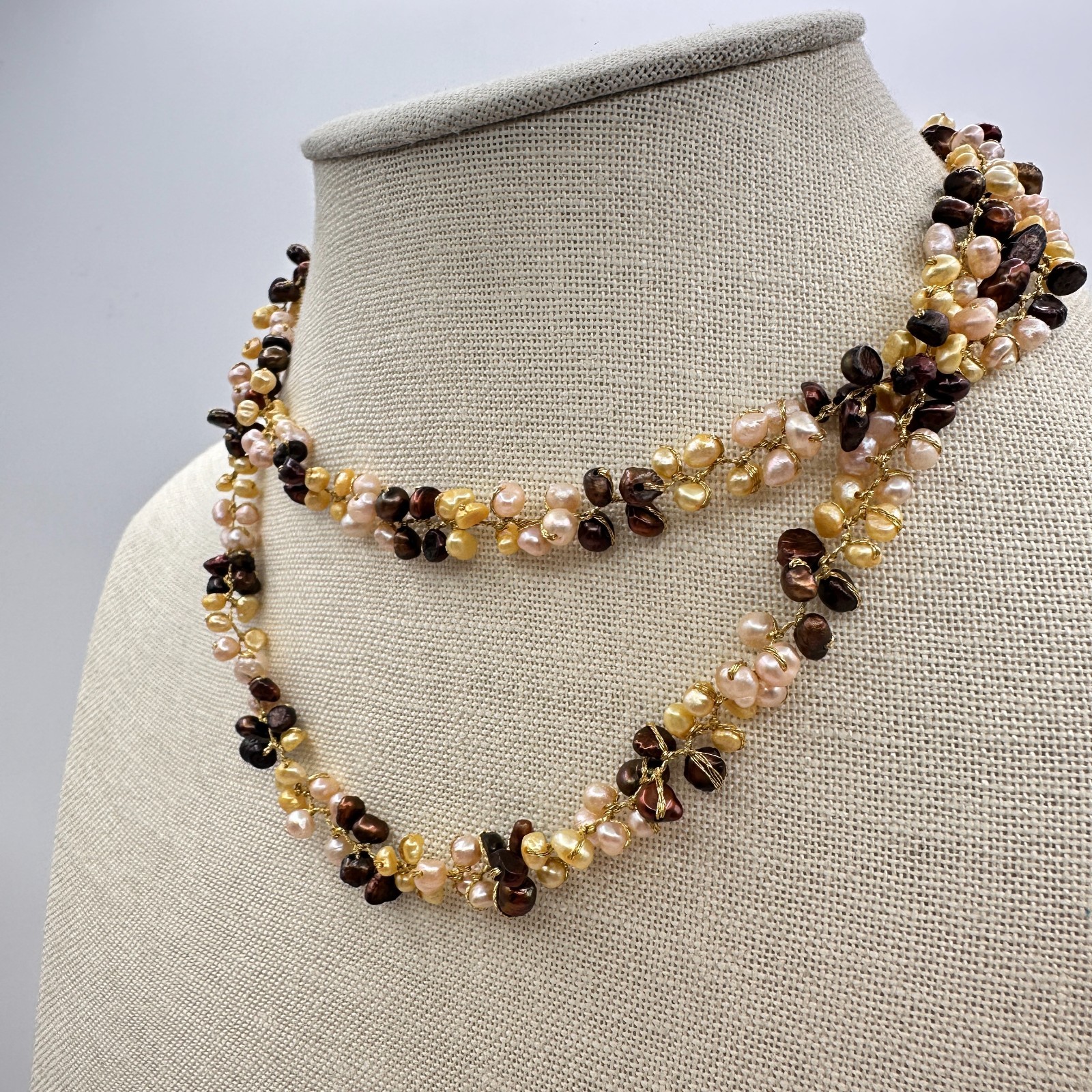 Vintage 90s Multi strand Wire Wrap Pearl Necklace Gold Tone Women’s Jewelry Boho