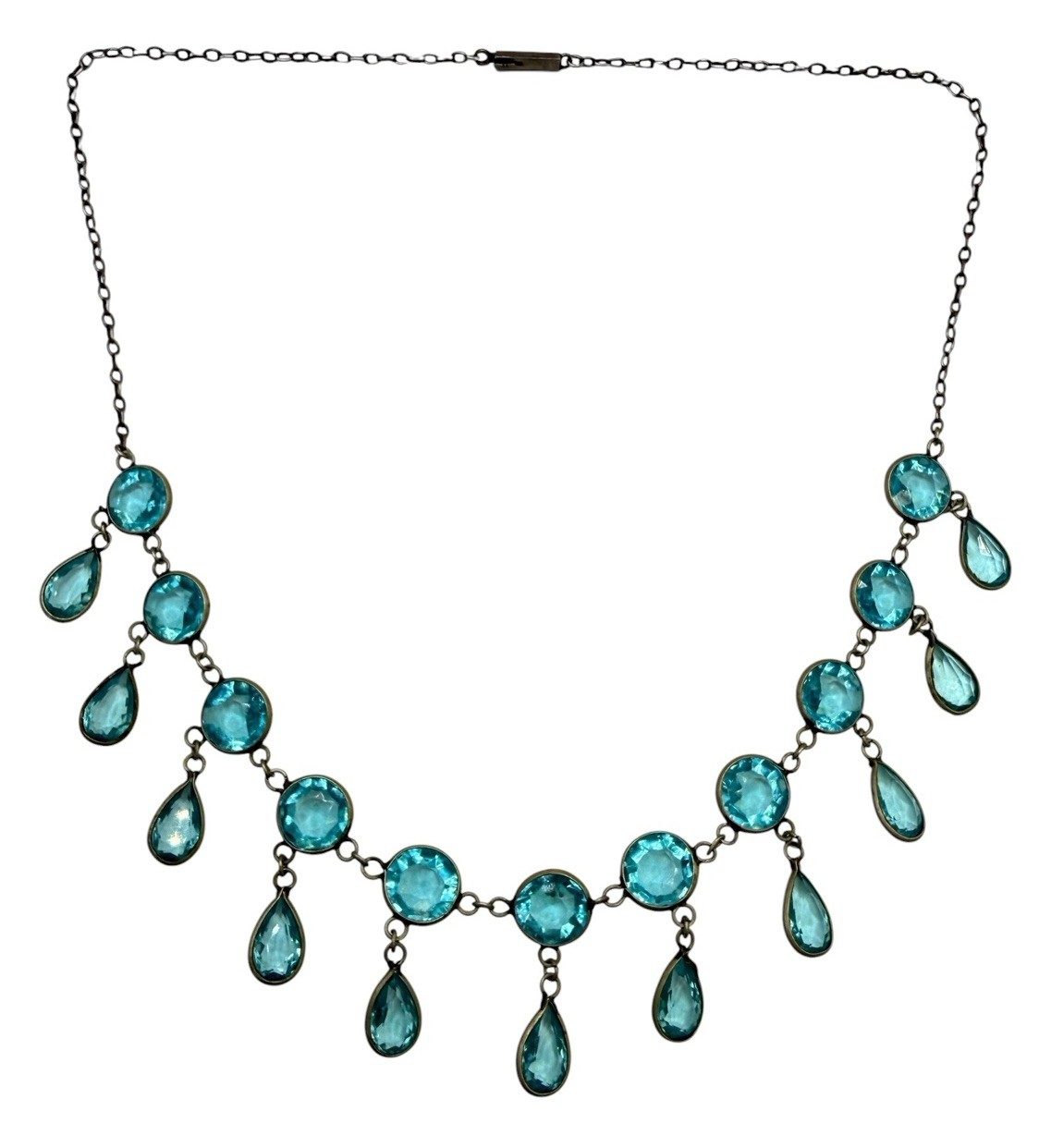 Antique Edwardian Deco Czech Festoon Drapes Faux Aquamarine Glass Necklace