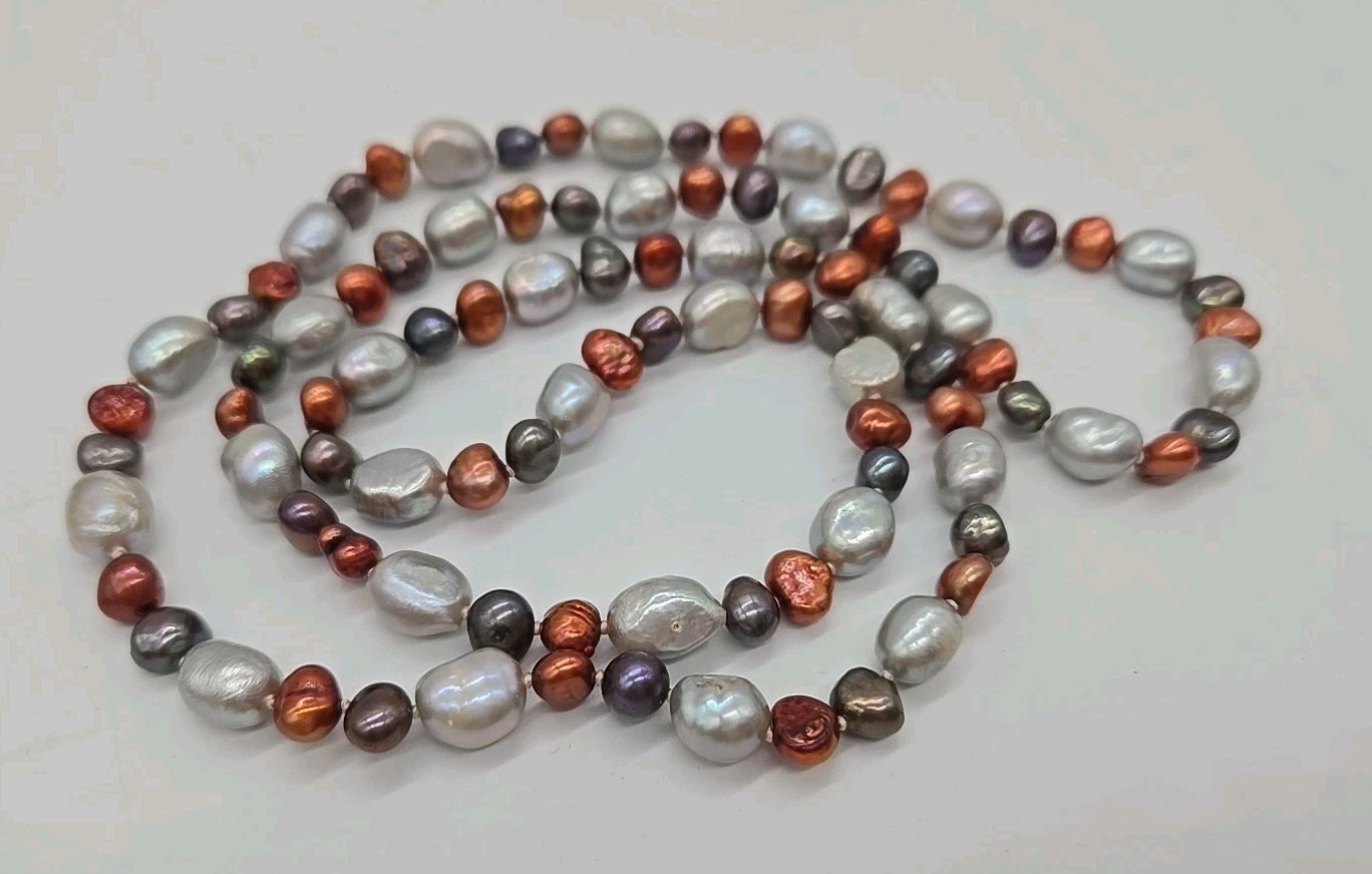 Vintage Multi Color Baroque Pearl Iridescent Shiny Statement Necklace Long 28”