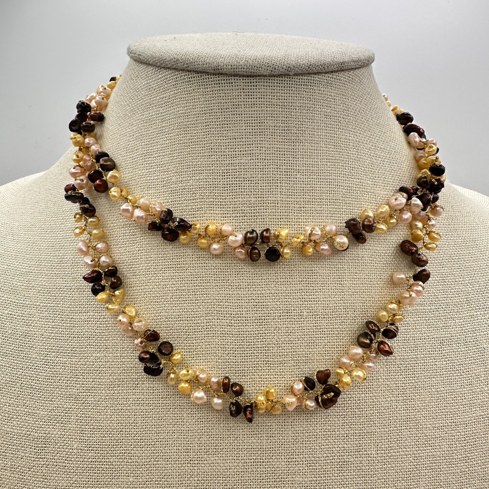 Vintage 90s Multi strand Wire Wrap Pearl Necklace Gold Tone Women’s Jewelry Boho