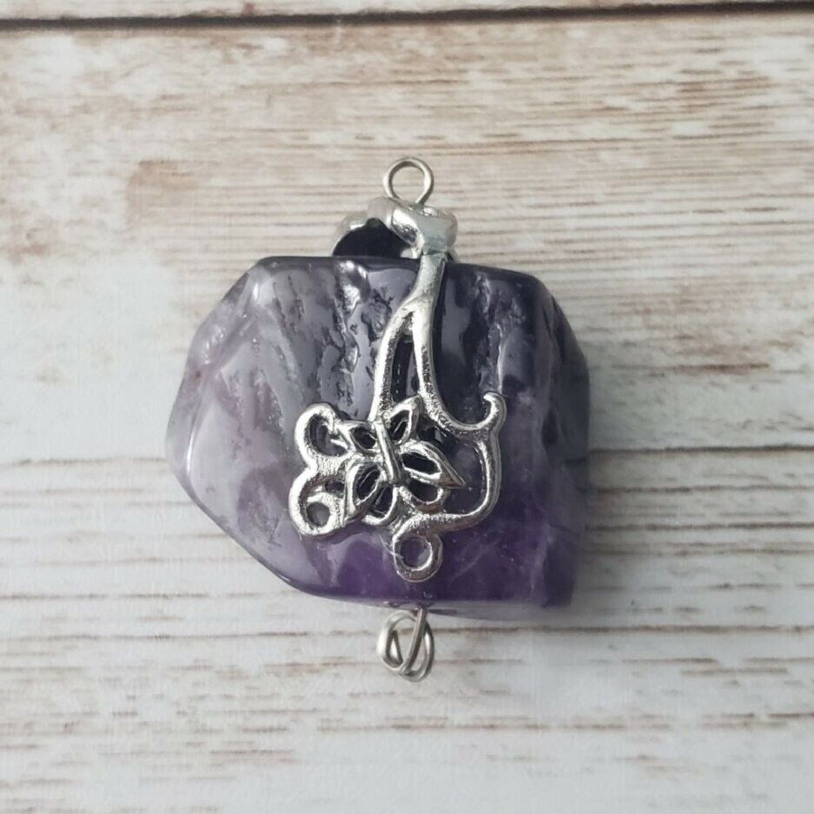 Vintage Pendant Raw Purple Stone with Silver Tone Accent – No Chain Included