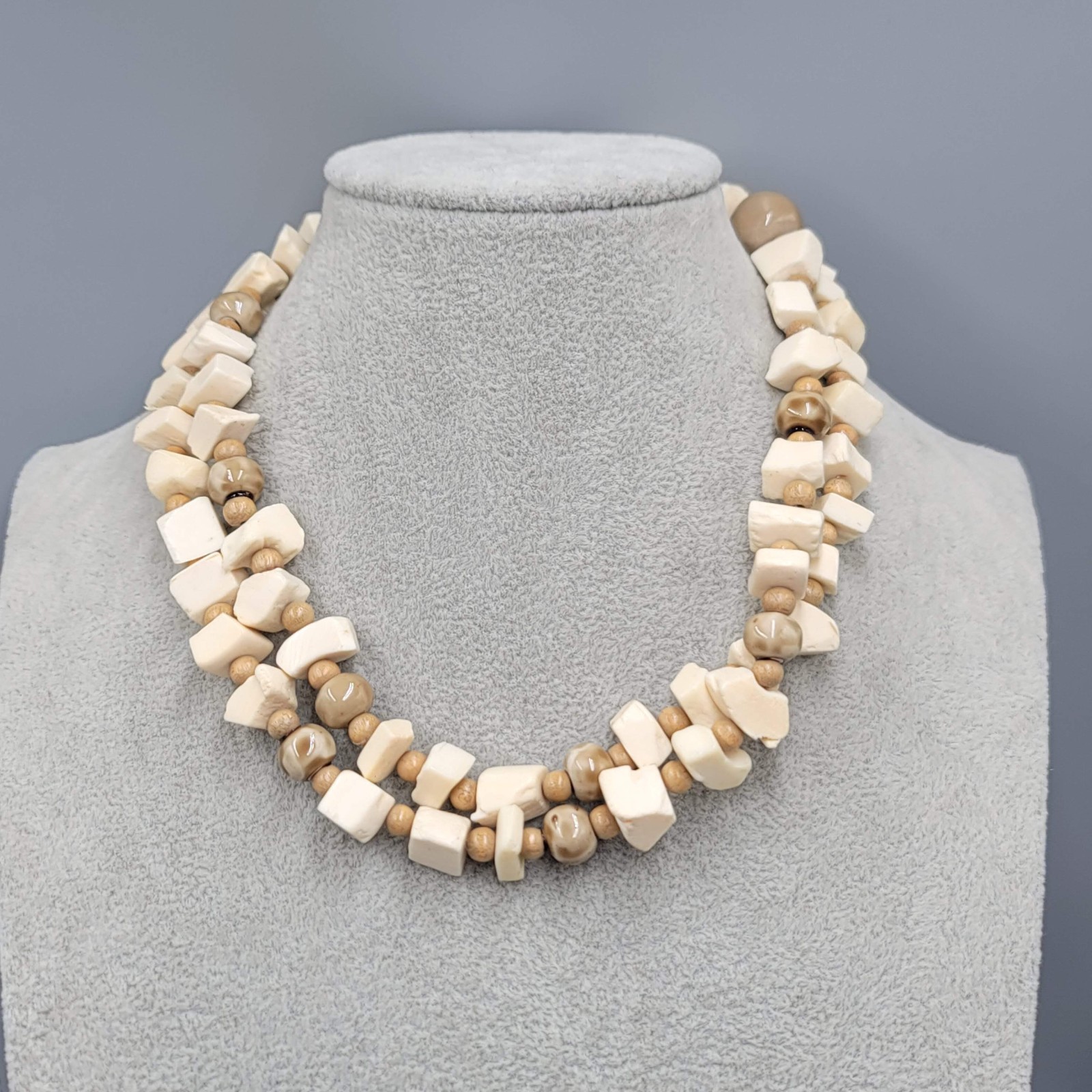 Vintage Bead Necklace Wood Ceramic Cow Bone Long 32″