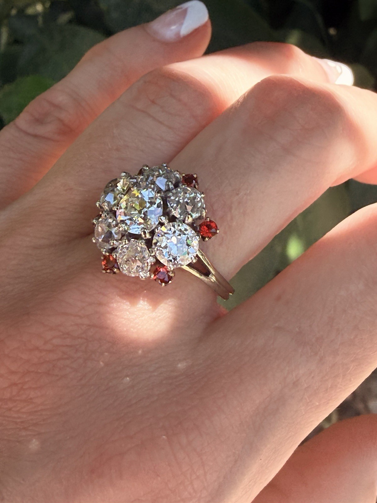 Rare Edwardian 4.43ct Old European Mine Cut Diamond Orange Sapphire Cluster Ring