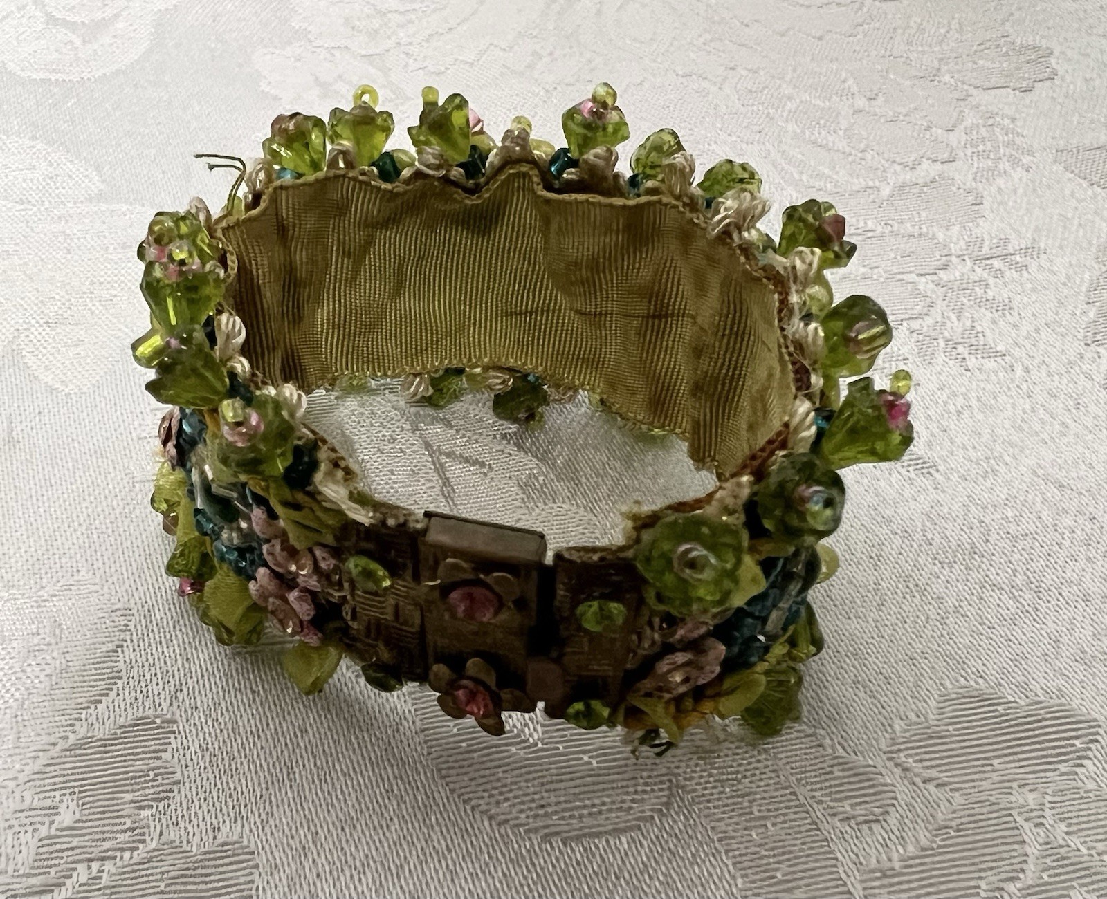 Vintage 1990s Victorian-style Beaded Ribbon Bracelet • Green & Pink Floral Motif