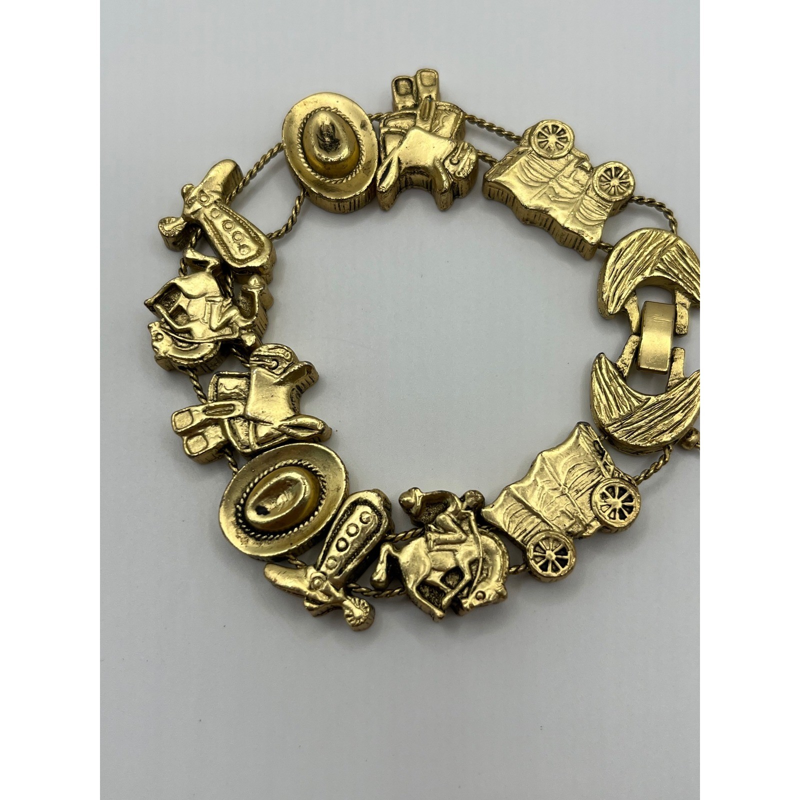 Vintage 1995 BG Western Slide Charm Bracelet Gold Tone Cowboy Boot Hat Wagon
