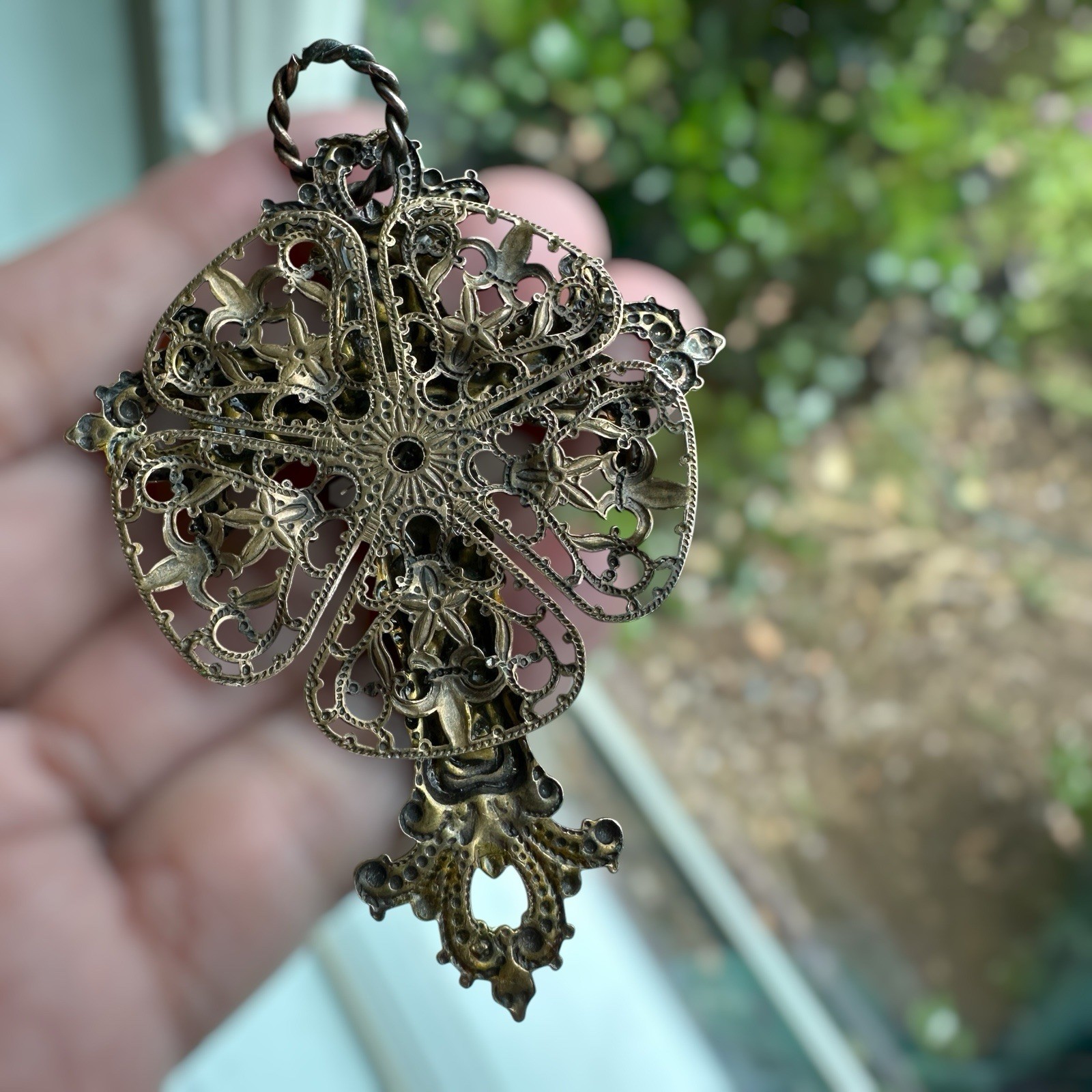 Vintage Christian Cross Pendant 3 Inch Ornate Brass Victorian Style Filigree
