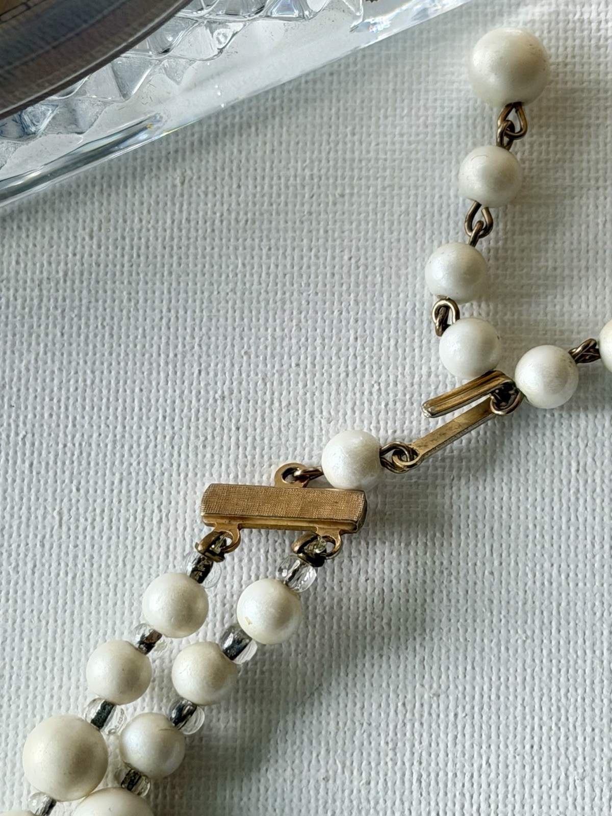Vintage White Satin Bead Necklace & Clip On Earrings Set AB Crystal Bridal