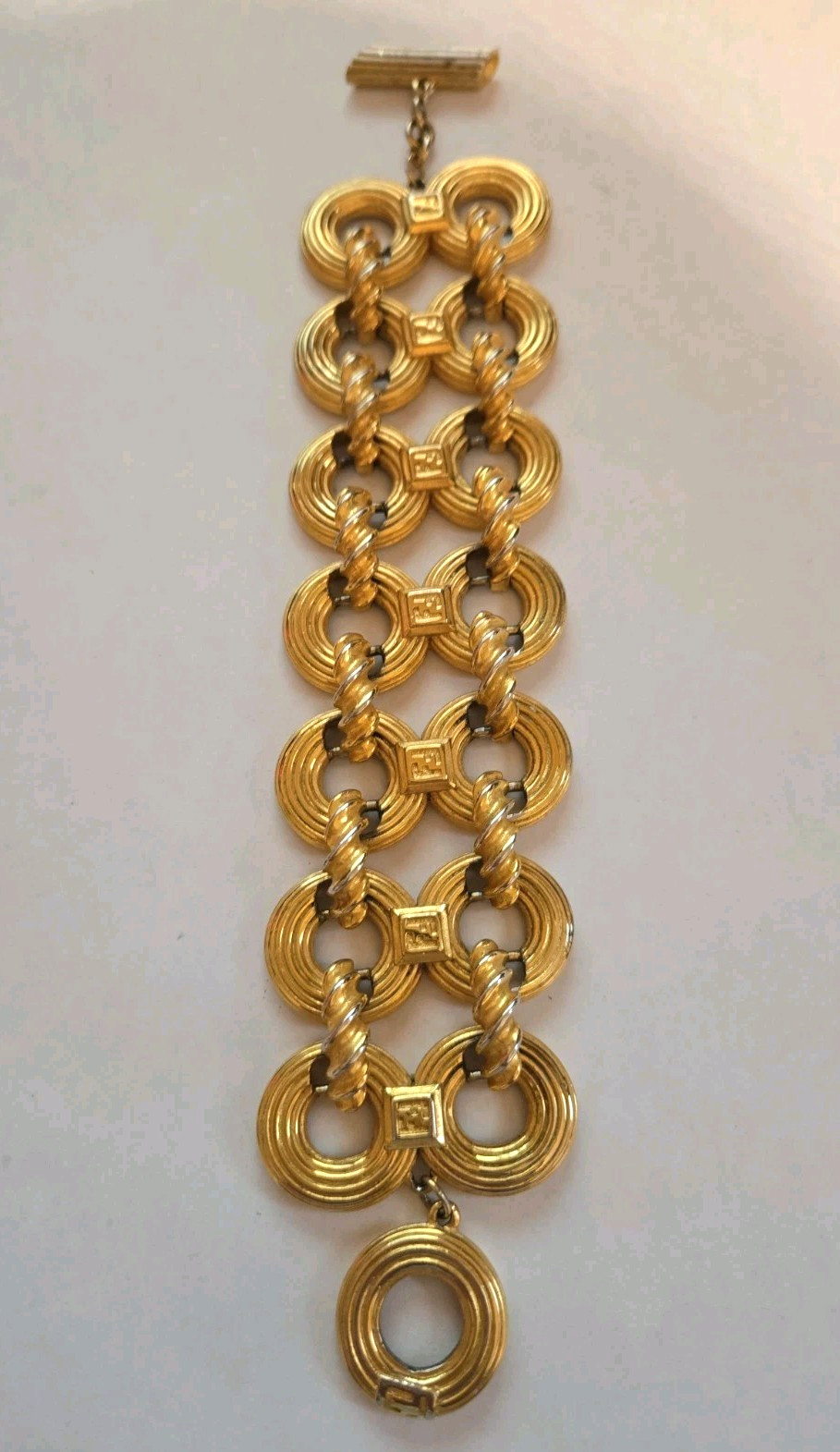 Vintage FENDI Wide Two Row Gold Plate Bracelet 8″ Length Signed 80s