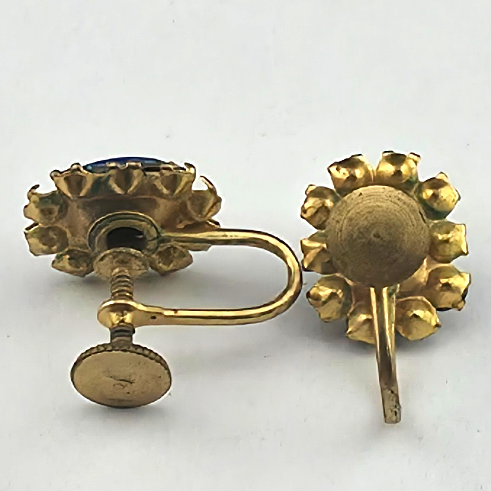 Lil 12mm Vintage Royal Blue Guiloche Enamel Rose Rhinestone Screw Back Earrings