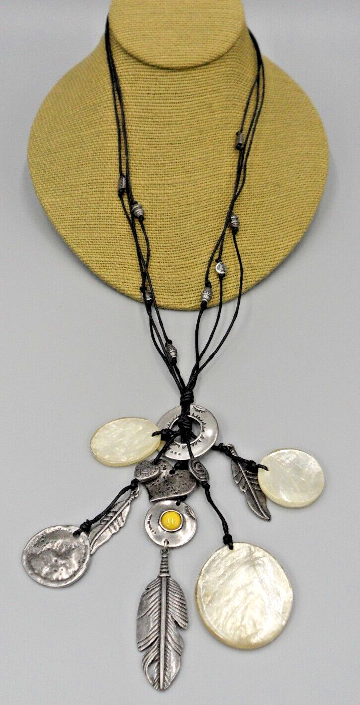 Beaded Charm Tassel Pendant Necklace Faux Shell Heart Feather Tribal Station Vtg