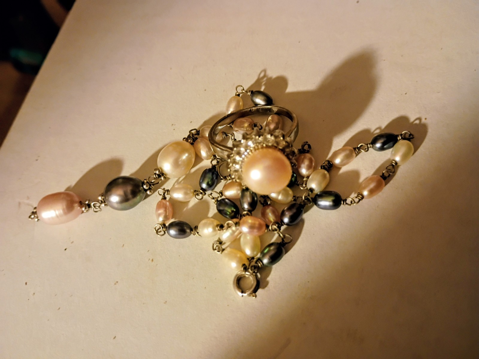 Vintage Freshwater Pearl Necklace 17″ & 18KGP Pearl Ring Size 9 Jewelry Lot