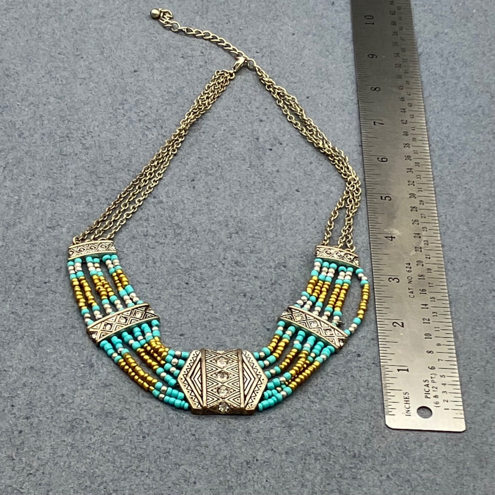 Bohemian Multi-Strand Necklace 19 In Tribal Rhinestone Turquoise Beaded Chain