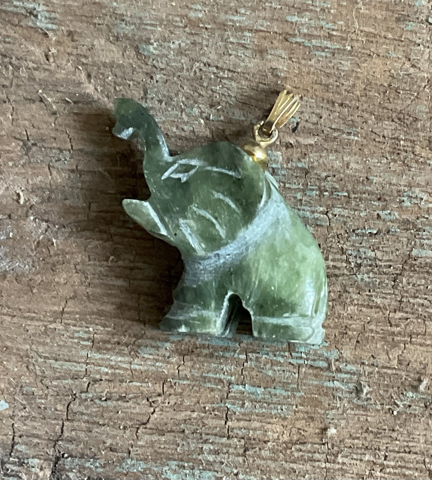 Vintage Hand Carved Genuine Nephrite Jade Elephant Pendant Charm 14k Gold Bail