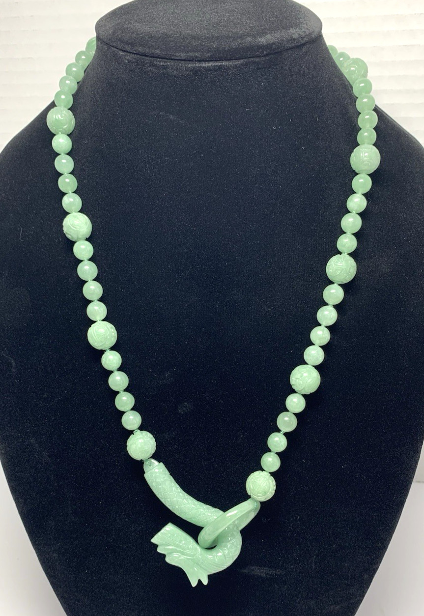 Vintage Hand-Knotted Natural Jadeite Carved Dragon Head & Balls w/ Loop Necklace