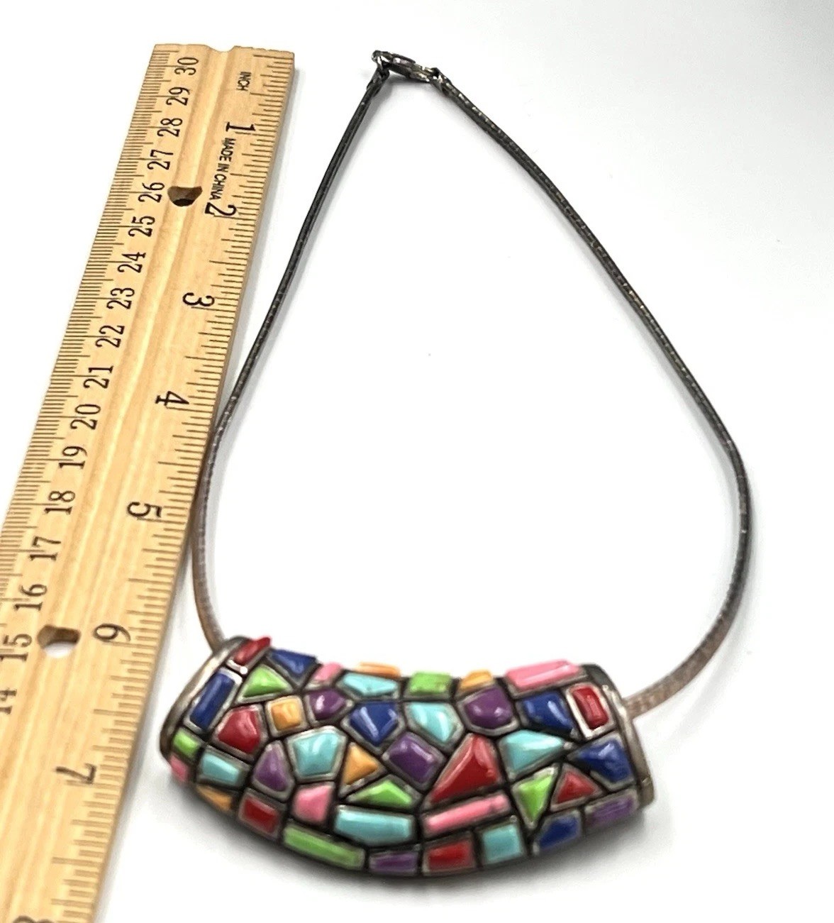 Sterling Silver Mosaic Pendant Necklace Multicolor Inlay Vintage
