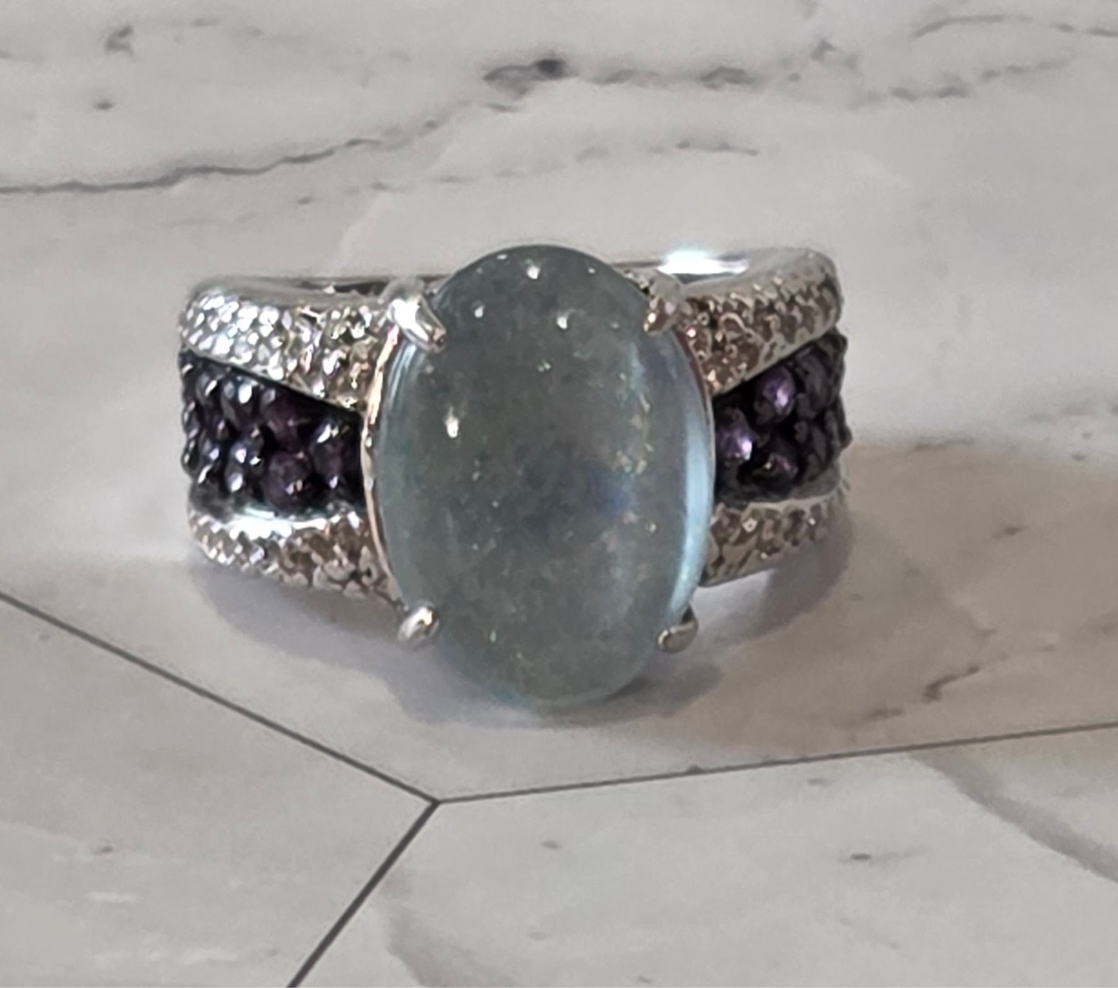 VINTAGE 925 Silver signed JZ Oval Aquamarine & Amethyst Accent Ring sz 5
