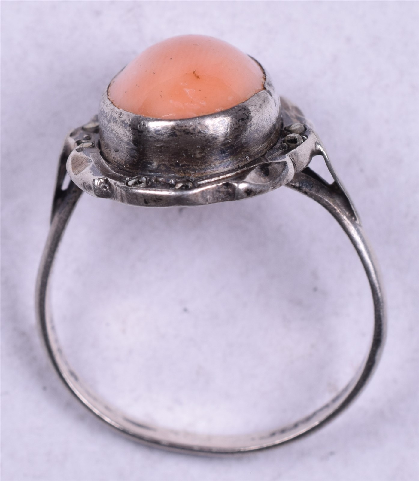 Sterling Antique Coral Marcasite Ring Size 6.5