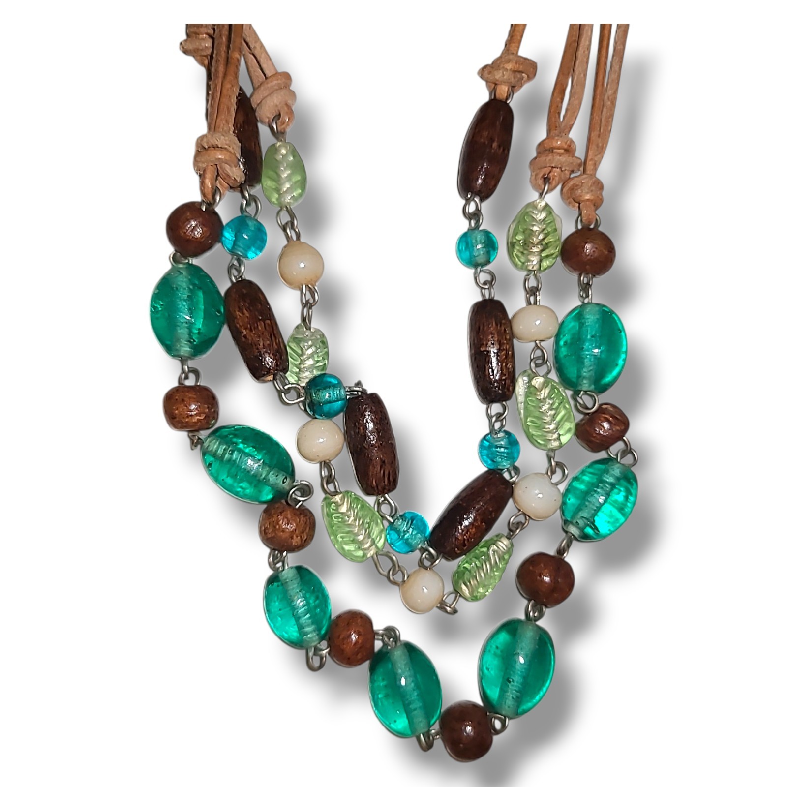 Vintage Boho 3-strand Glass & Wood Bead Faux Leather Necklace 15″-17″