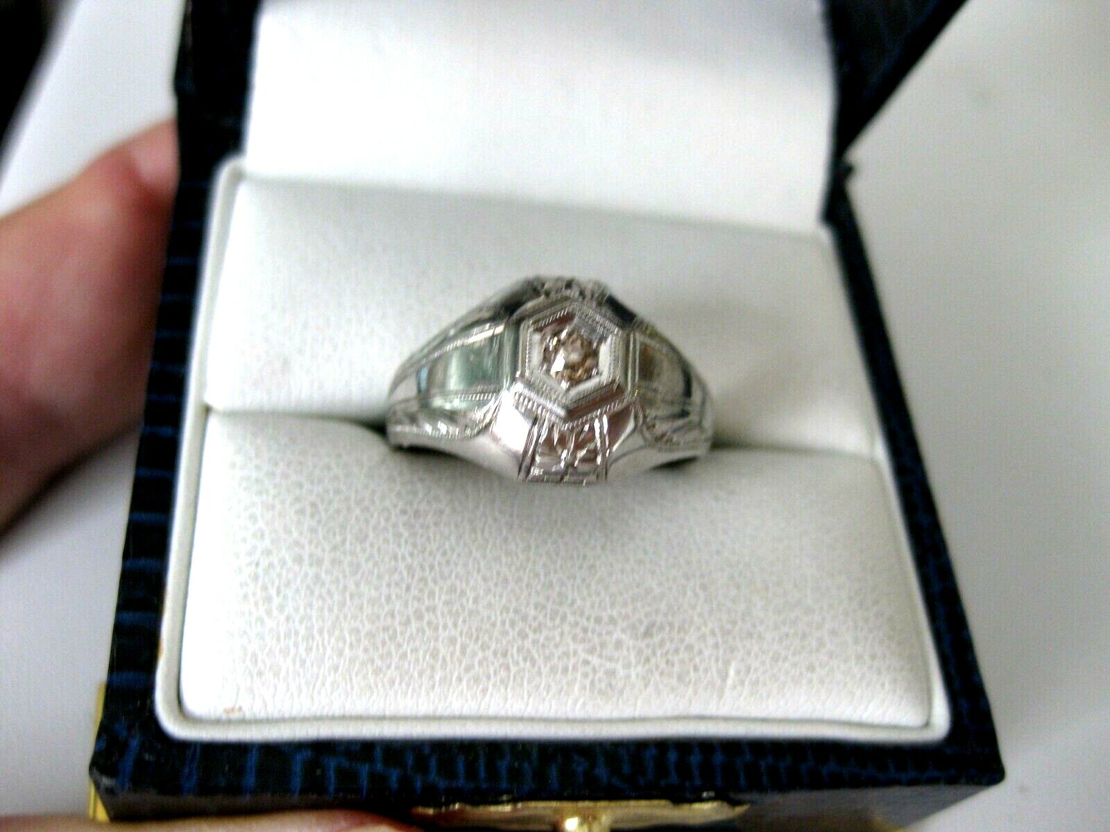 ANTIQUE 18K WHITE GOLD HAND-ENGRAVED RING with “CHAMPAGNE” DIAMOND,ART DECO