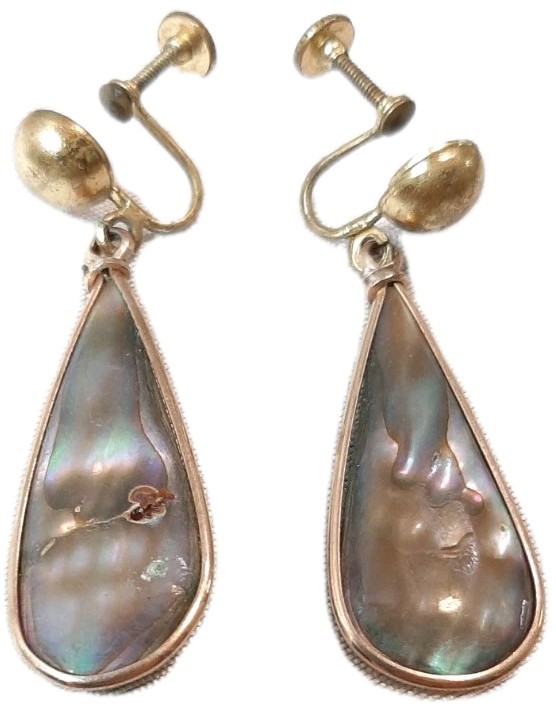 VTG Dangle Drop Abalone Shell Inlay Teardrop Earrings Goldtone Screw Back 2″L