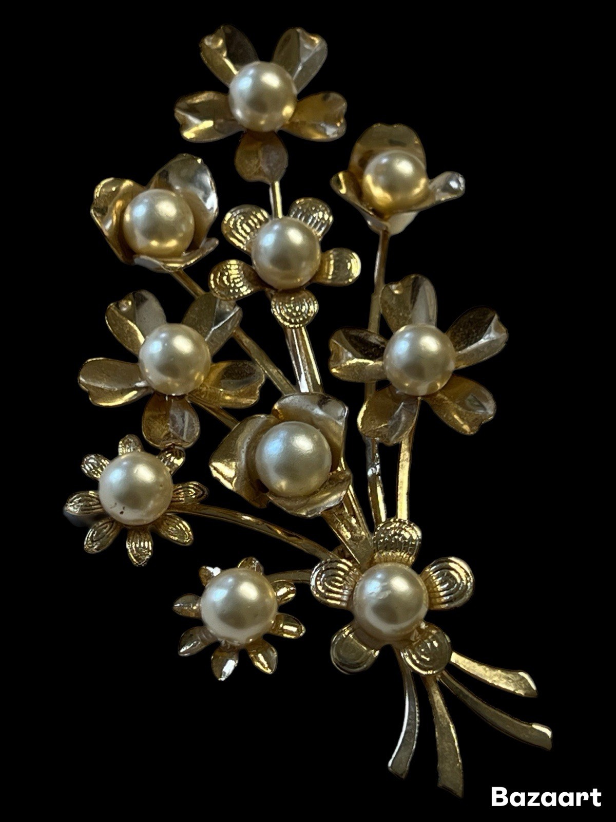 Vtg Statement Gold Tone Faux-Pearl Center Flowers Floral Bouquet Brooch Pin