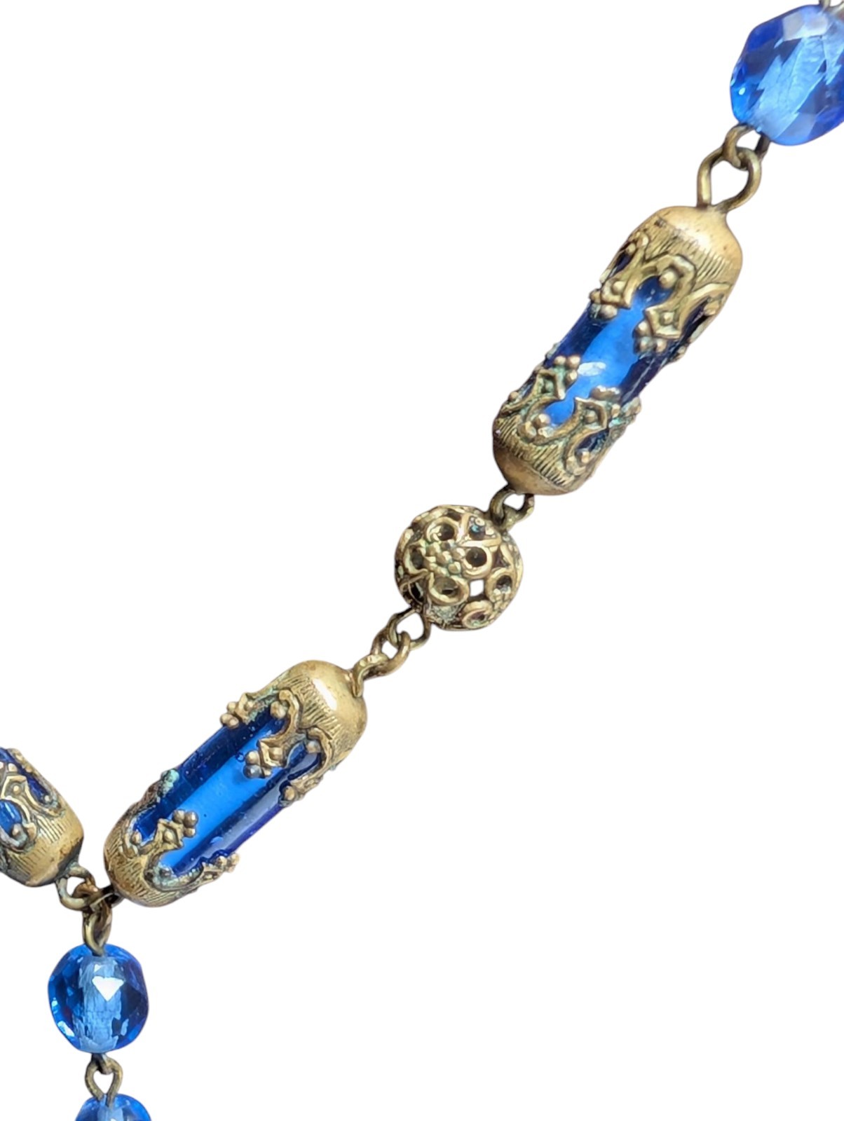 Czech Glass Necklace Blue Lozenge Art Deco Drop Pendant Faceted Filigree