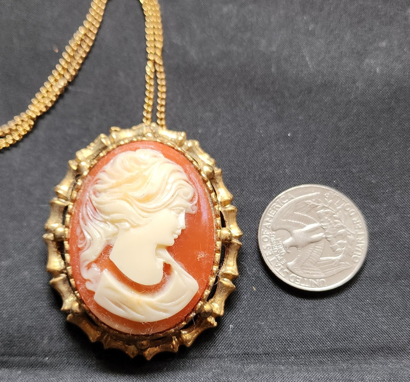 Vintage Salmon Color Lady Head Cameo Necklace Pendant Brooch Pin Beautiful NOS