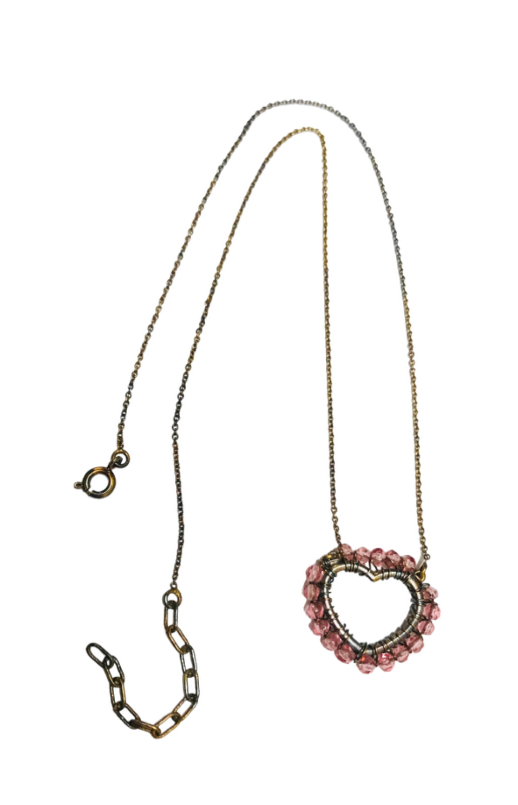 Vintage Antique Gold Tone Wire Wrapped Pink Beads Heart Pendant Necklace 19.5”