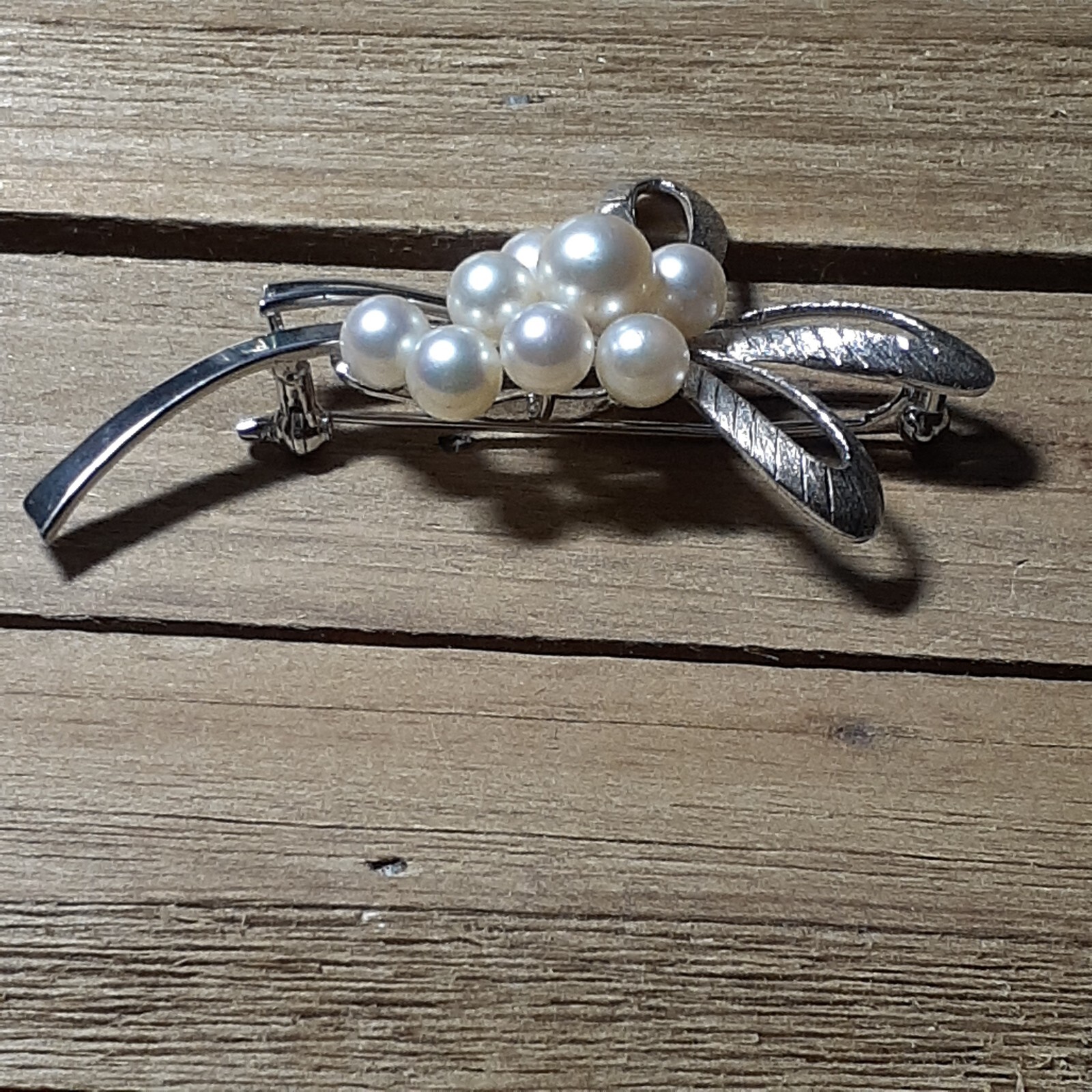 VTG Mikimoto 8 Akoya Pearl Brooch Sterling Silver Bow Signed M S Japan Gift Idea
