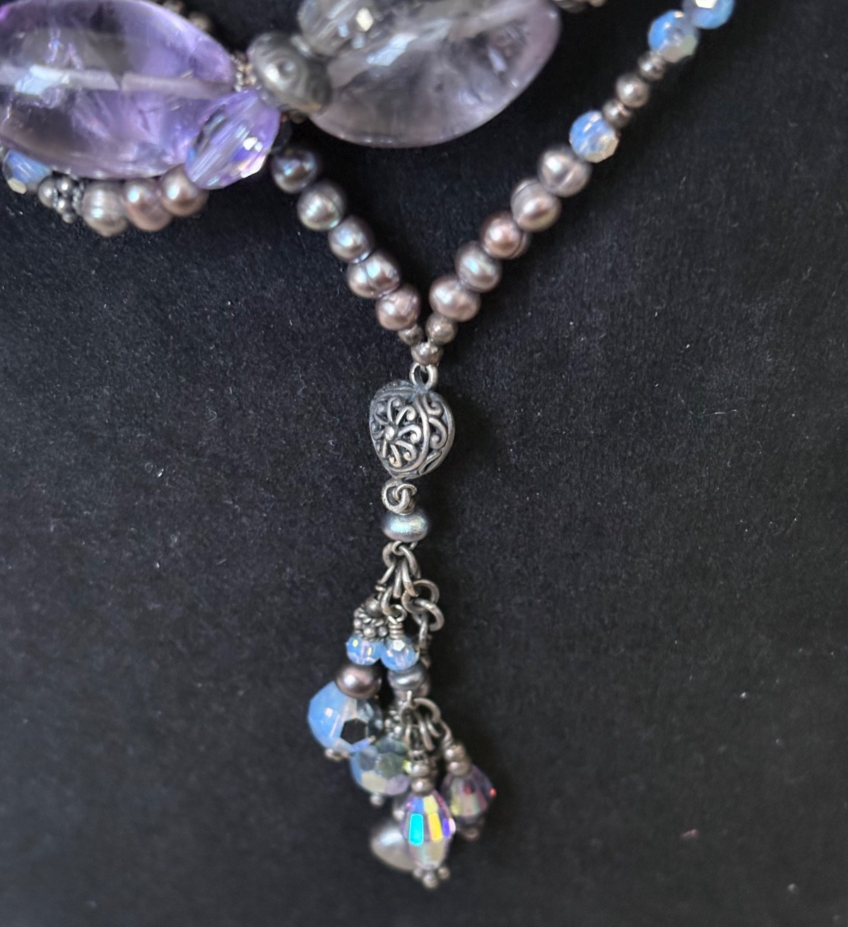 Artisan Purple Glass Silver Beaded 925 Triple Strand Necklace