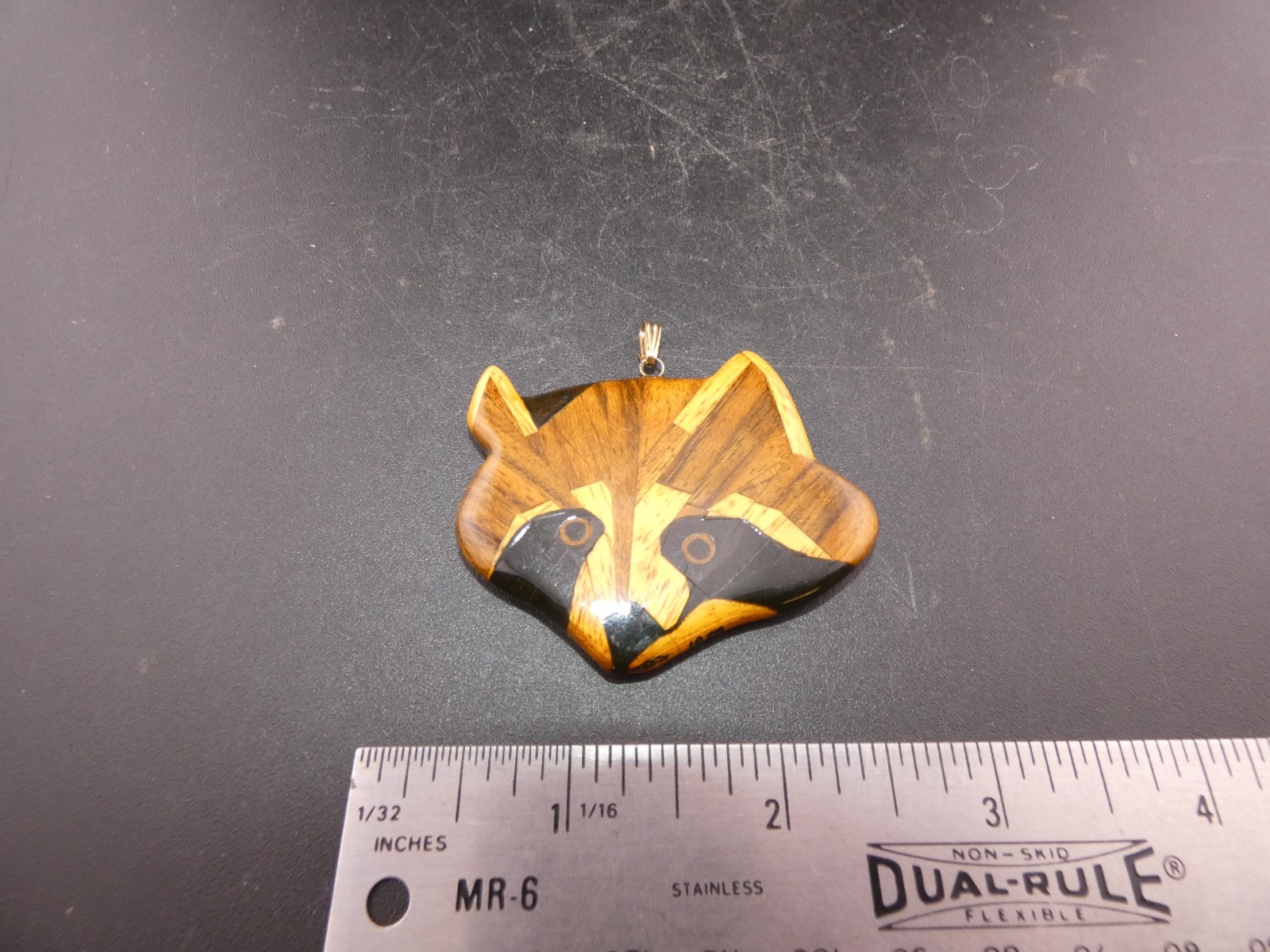 RARE Vintage 1978 SIGNED WOODEN LAMINATED RACCON HEAD PENDANT