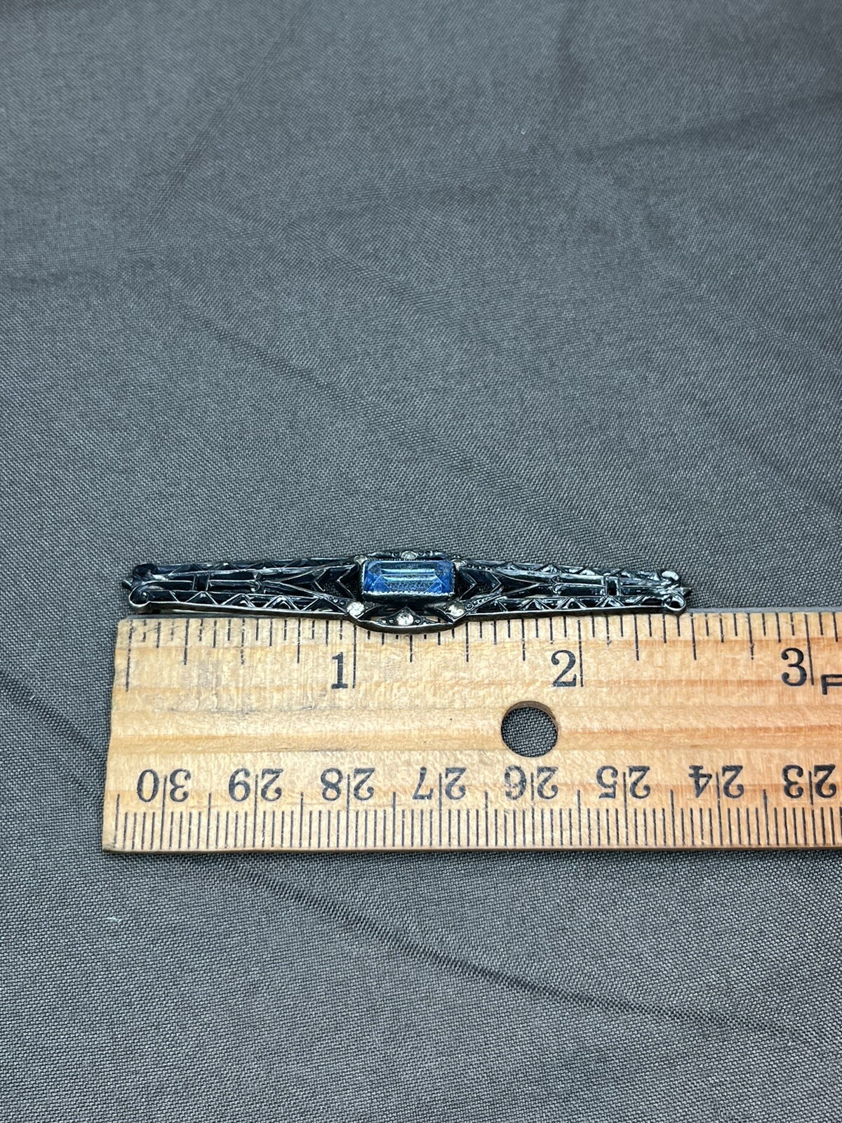 Antique Sterling Silver ART DECO Open Work Bar Brooch Blue Iolite ? & Glass