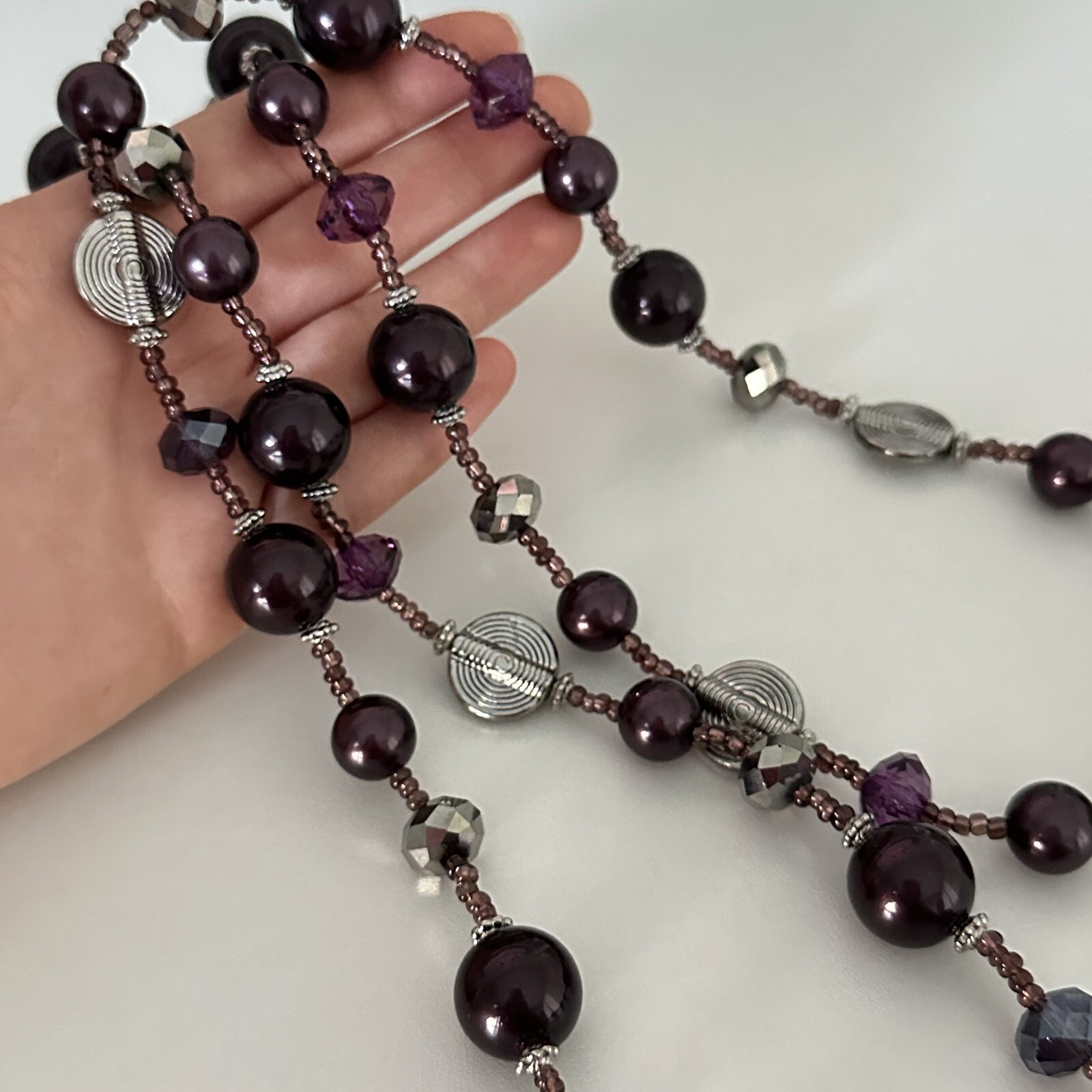 Vintage Purple & Silver Faceted Crystal Plum Acrylic Beaded Long Necklace 42″