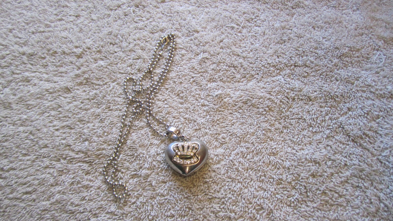 Vintage Puffy Heart Charm Necklace Pendant Brass Metal Rhinestone about 1″