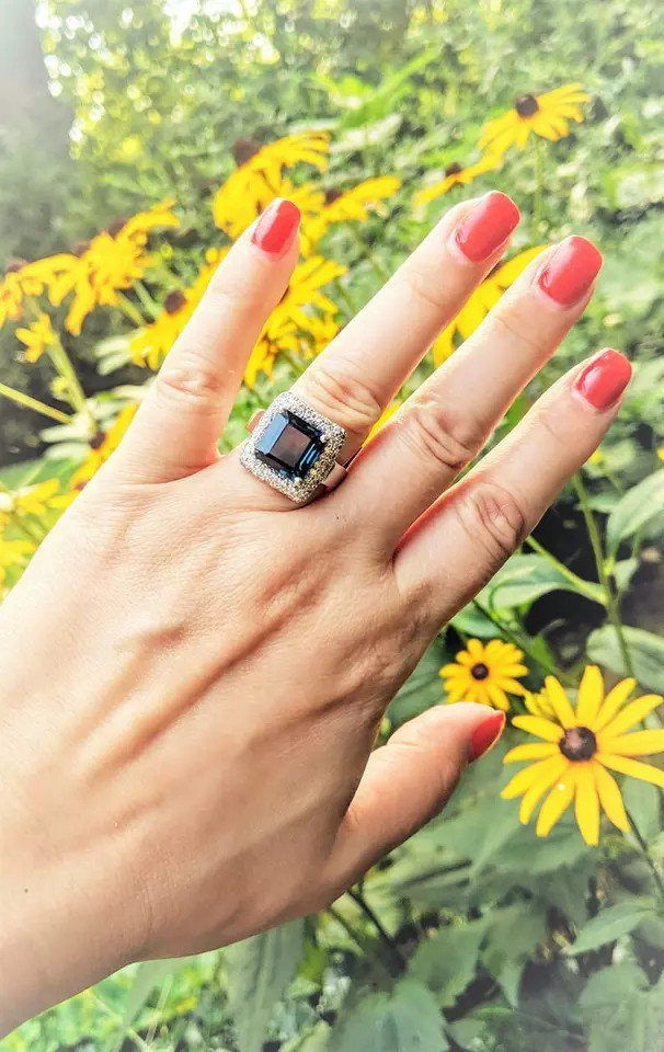 Huge 7.98CT Asscher Cut Teal Peacock Blue Spinel & White CZ 925 SS Wedding Ring
