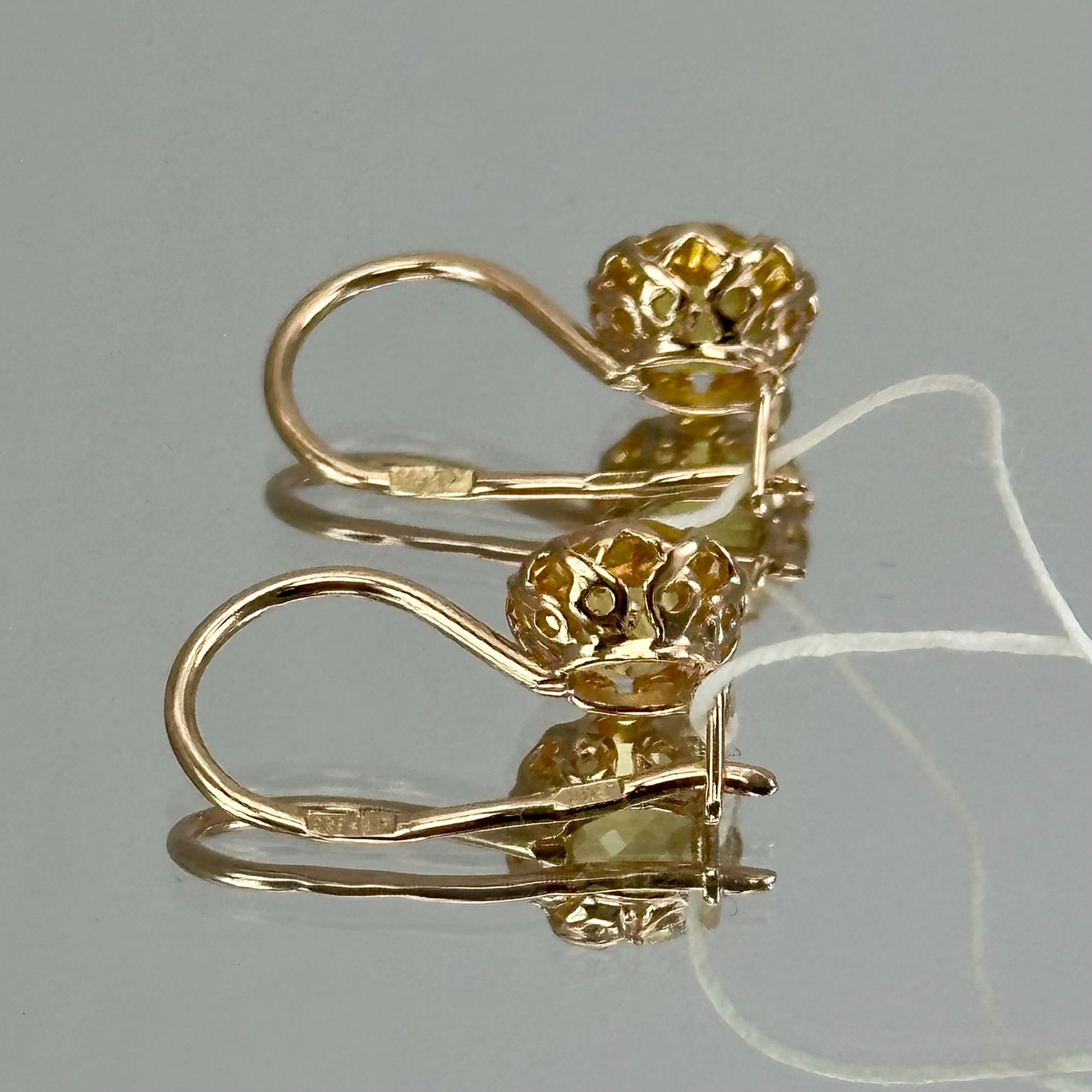 USSR Vintage Original Rose Gold Citrine (lab. made) Earrings 583 14K 2.16 g.