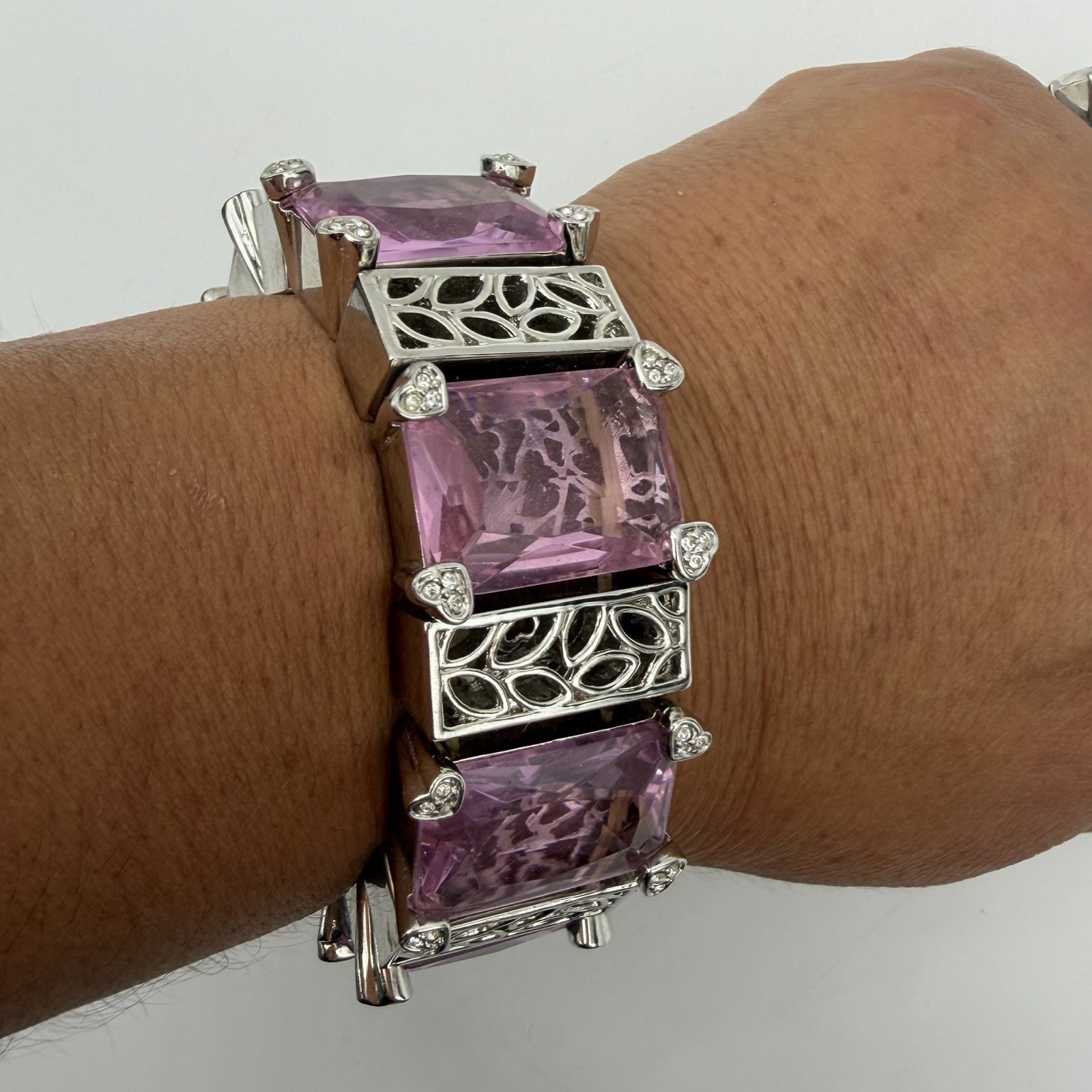 Vtg Crystal Bracelet Pink Glass Statement Heavy Chunky Unsigned Designer